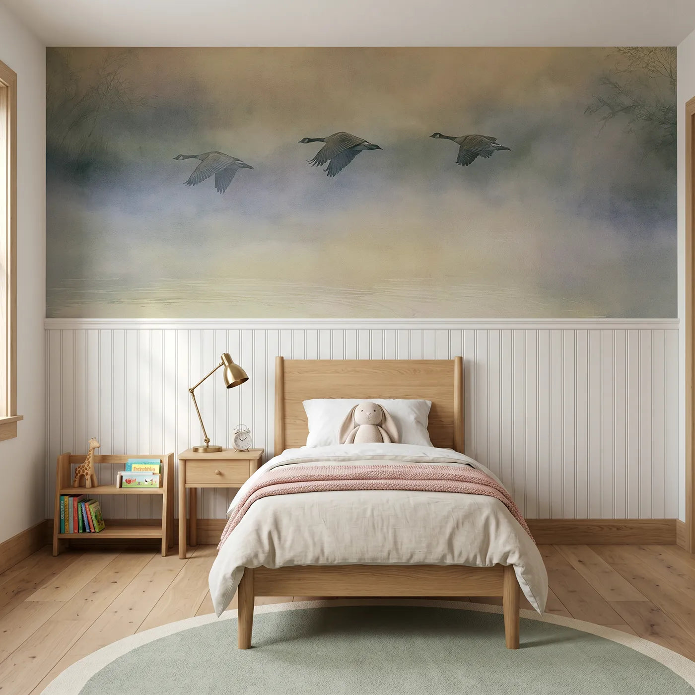 Watercolor wainscoting wallpaper of geese lifting over a misty pond by Whimsy Tots