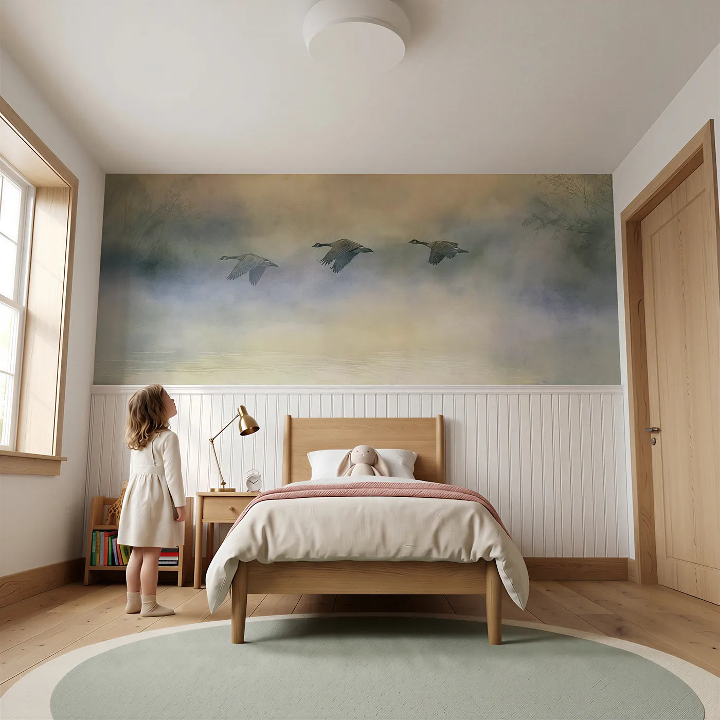 Child reading near Goose Flight Over Pond Wainscoting Wallpaper by Whimsy Tots