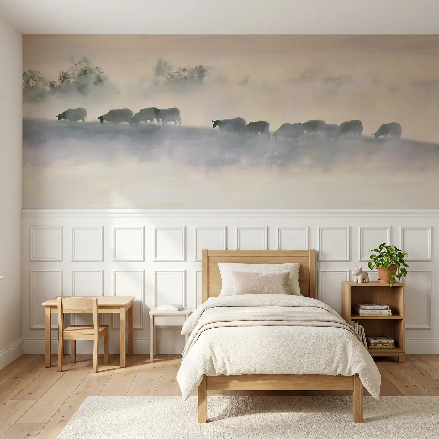 Watercolor wainscoting wallpaper of sheep grazing a misty hillside by Whimsy Tots
