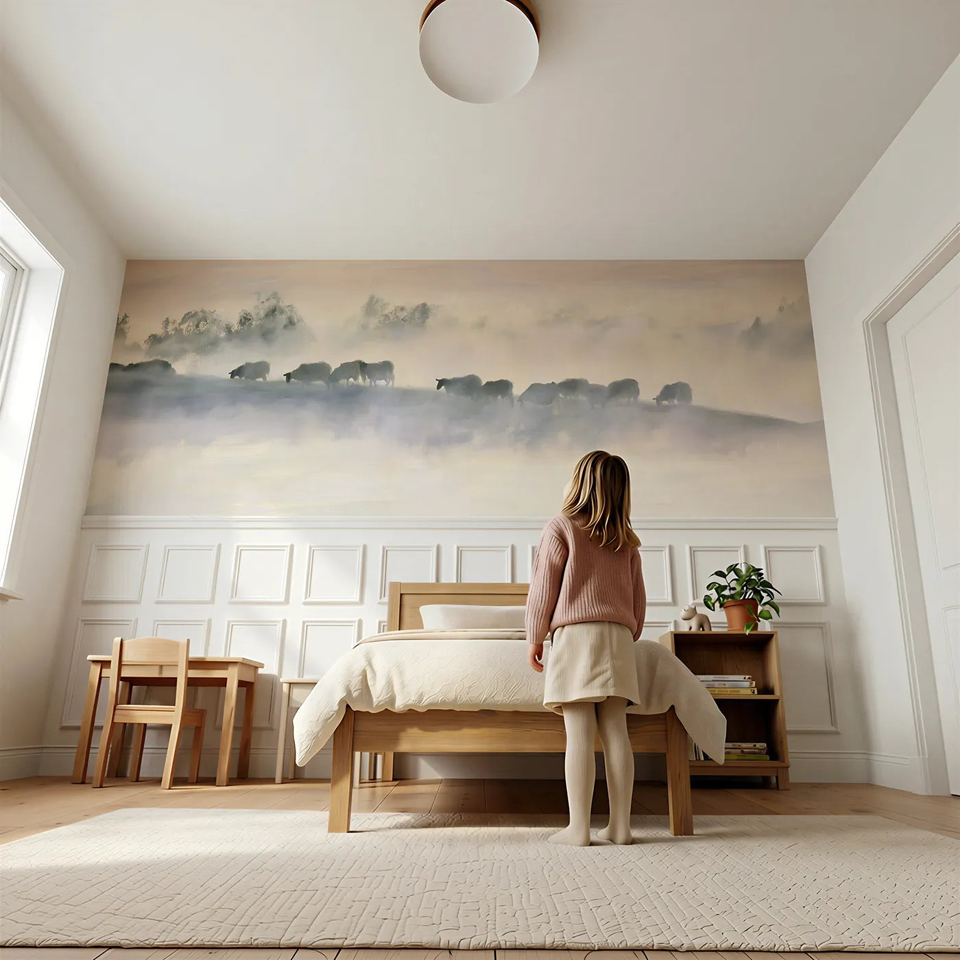 Child reading near Sheep Misty Hill Daybreak Wainscoting Wallpaper by Whimsy Tots