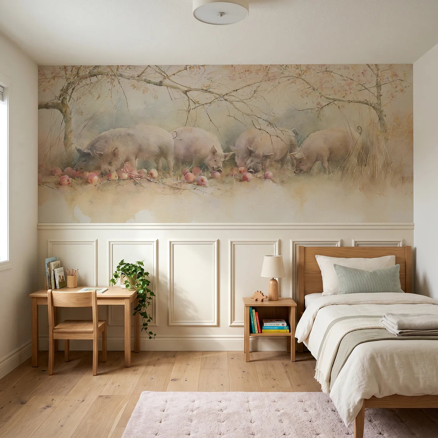 Watercolor wainscoting wallpaper of pigs among windfall apples in mist by Whimsy Tots