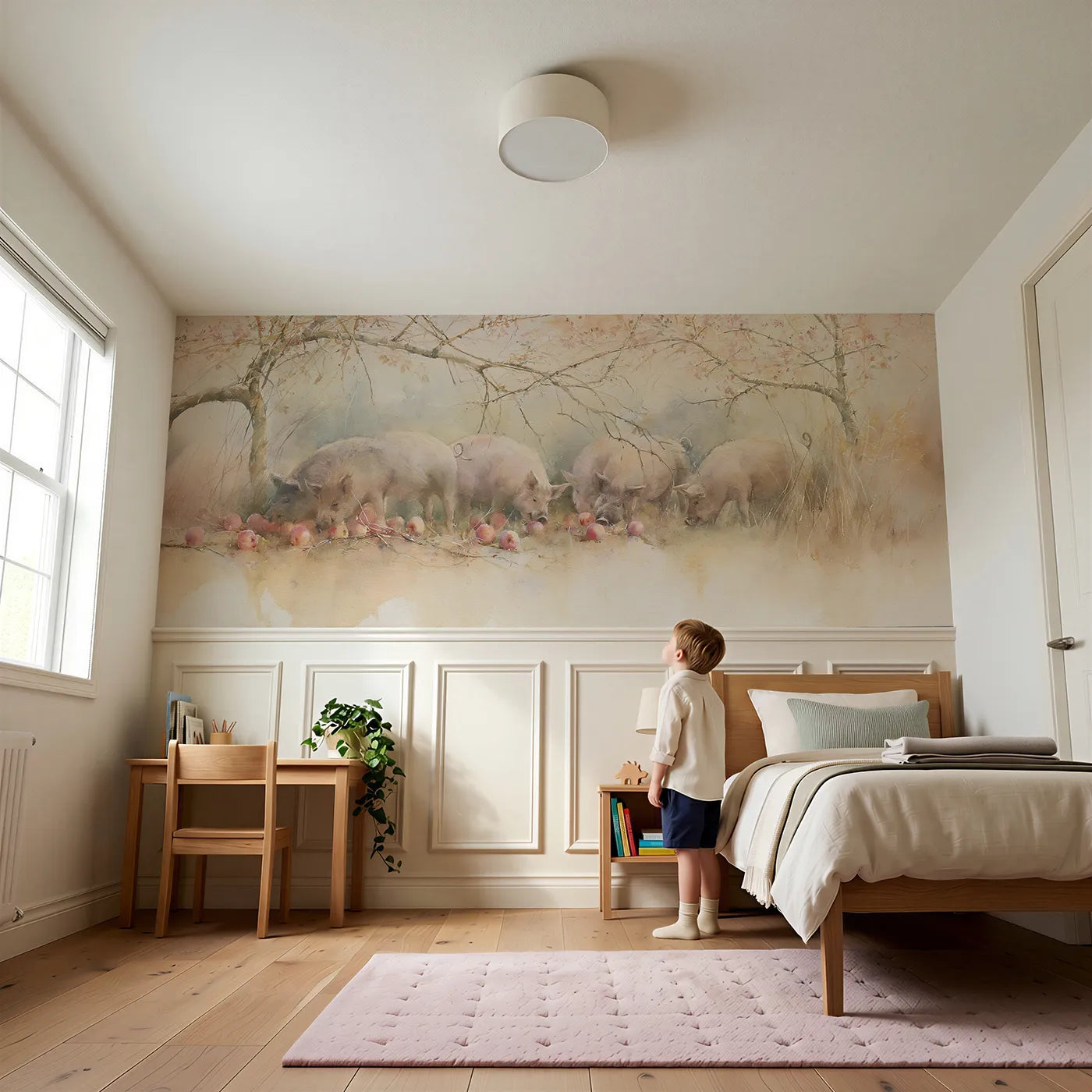 Child reading near Pig Family Windfall Morning Wainscoting Wallpaper by Whimsy Tots