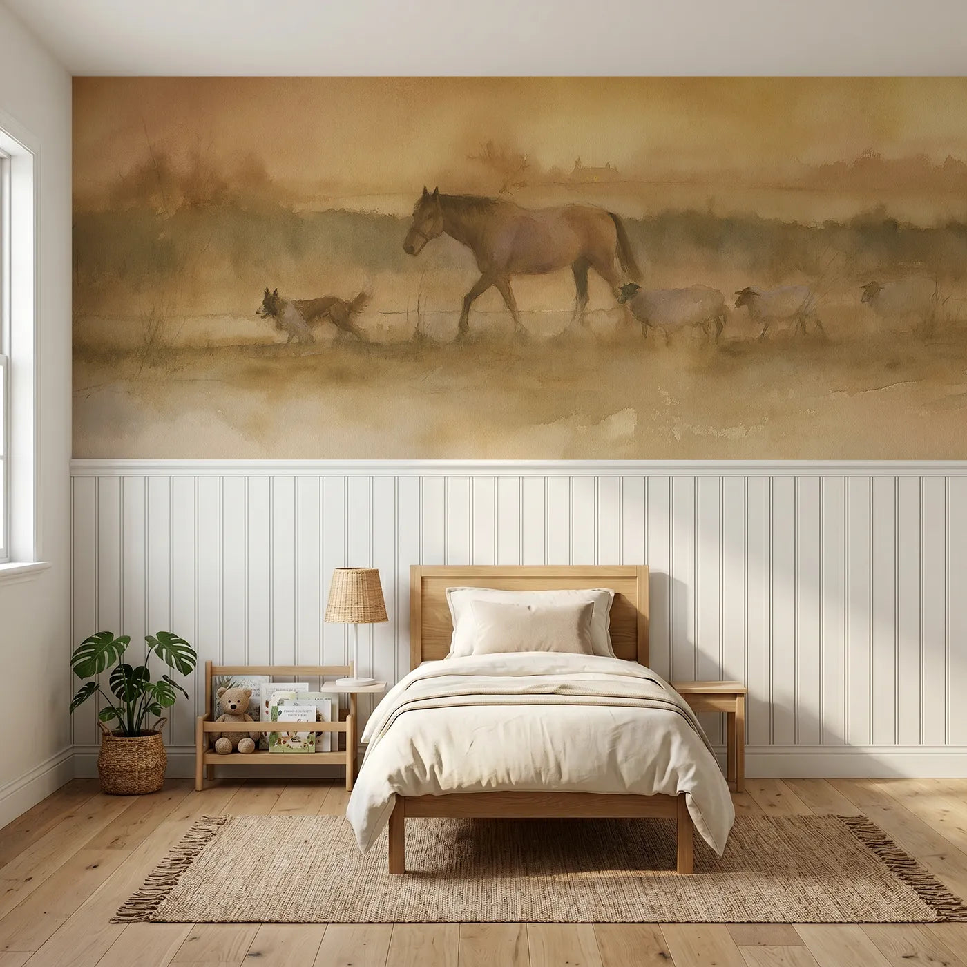 Watercolor wainscoting wallpaper of farm animals walking home at evening by Whimsy Tots
