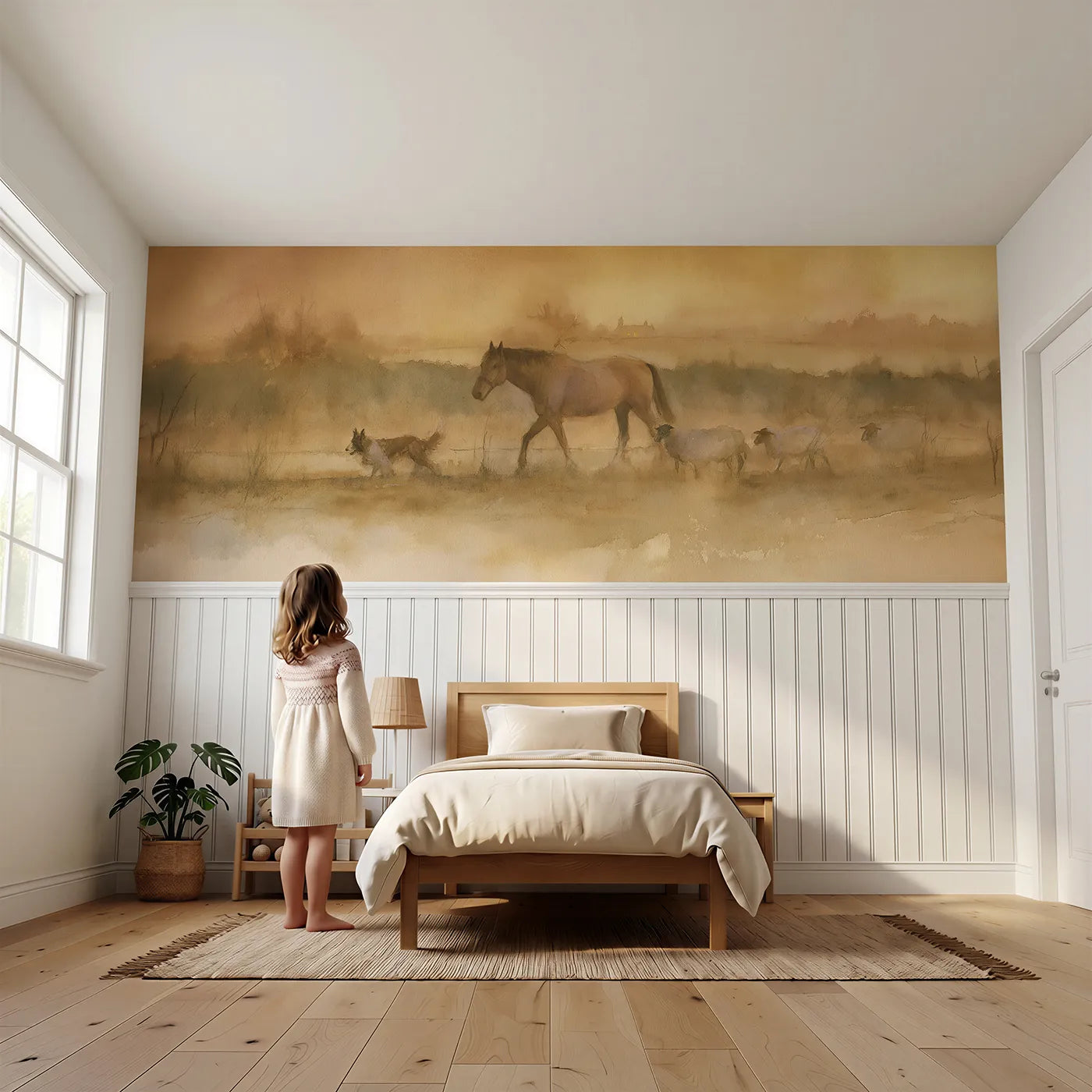 Child reading near Homeward Lane Evening Walk Wainscoting Wallpaper by Whimsy Tots