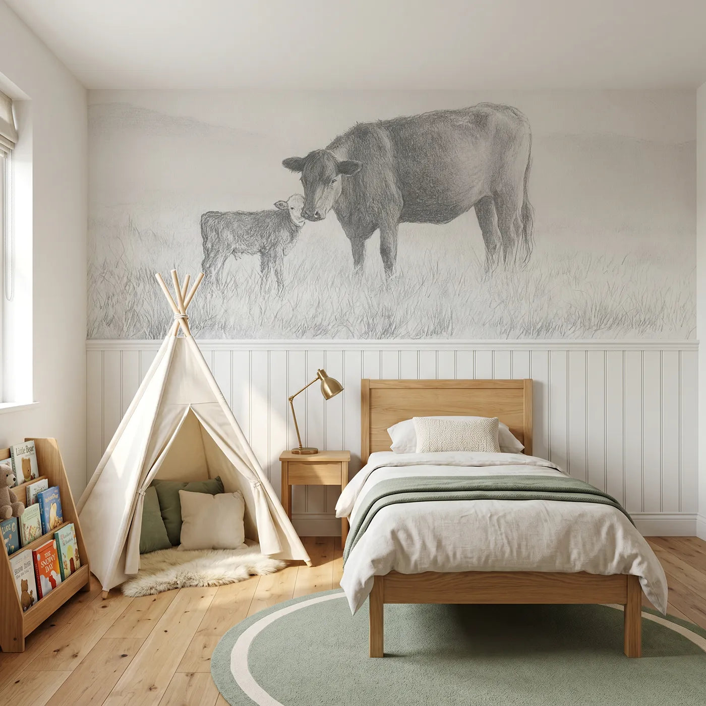 Colored pencil wainscoting wallpaper of a cow nuzzling her calf at dawn by Whimsy Tots