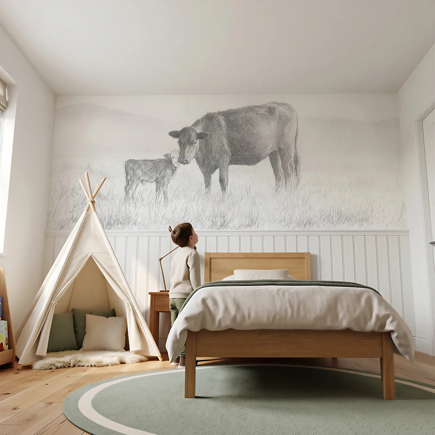 Child reading near Cow Calf Morning Nuzzle Wainscoting Wallpaper by Whimsy Tots