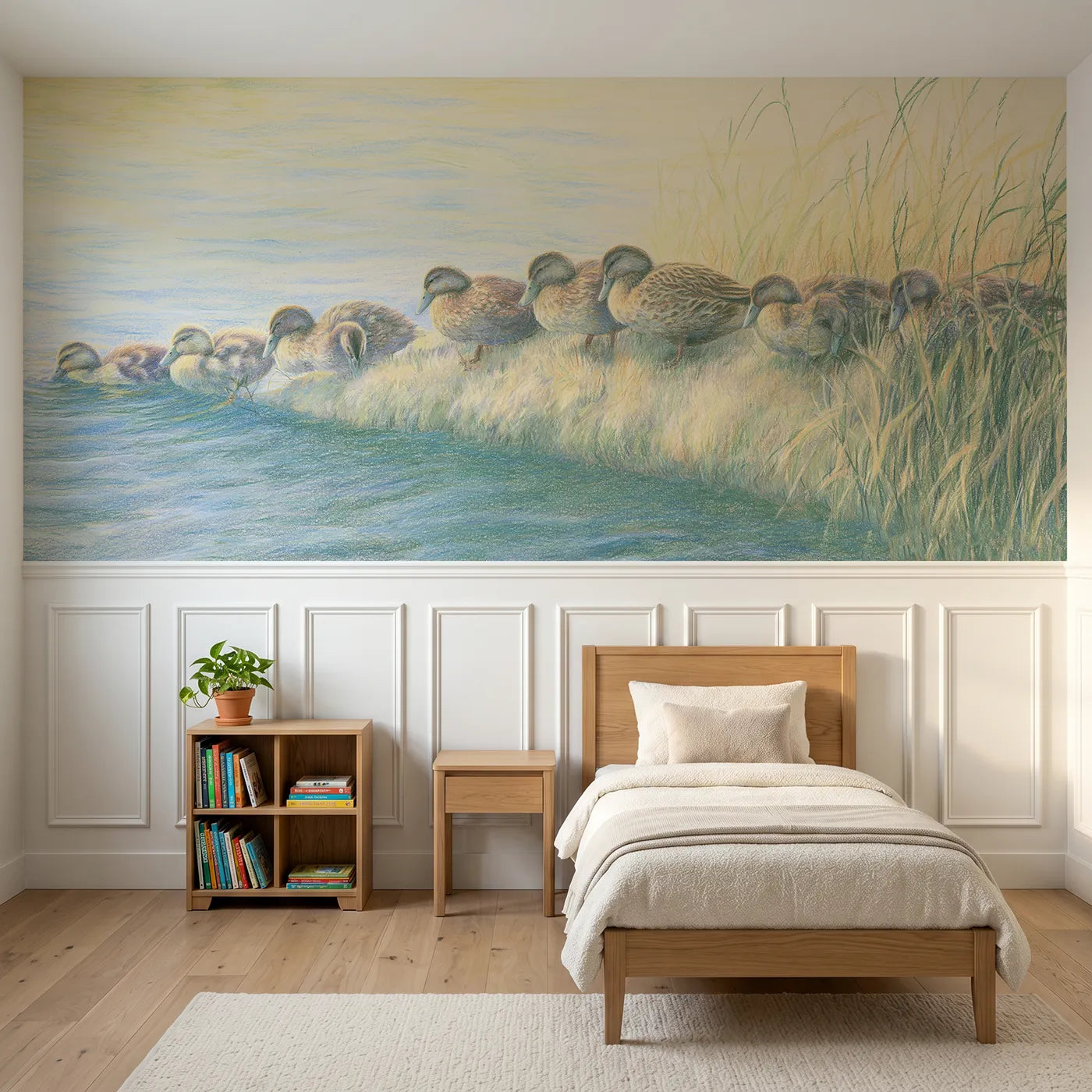 Colored pencil wainscoting wallpaper of a duck family preening at the pond by Whimsy Tots