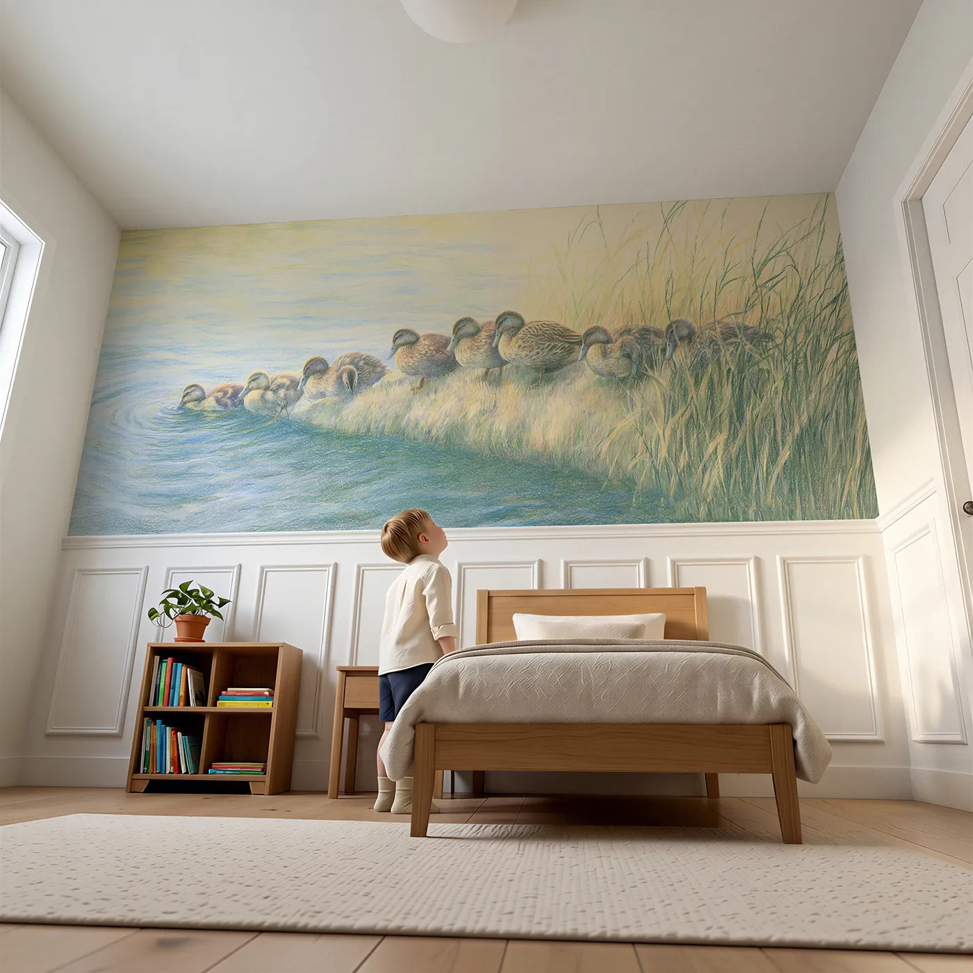 Child reading near Duck Family Pond Edge Preen Wainscoting Wallpaper by Whimsy Tots