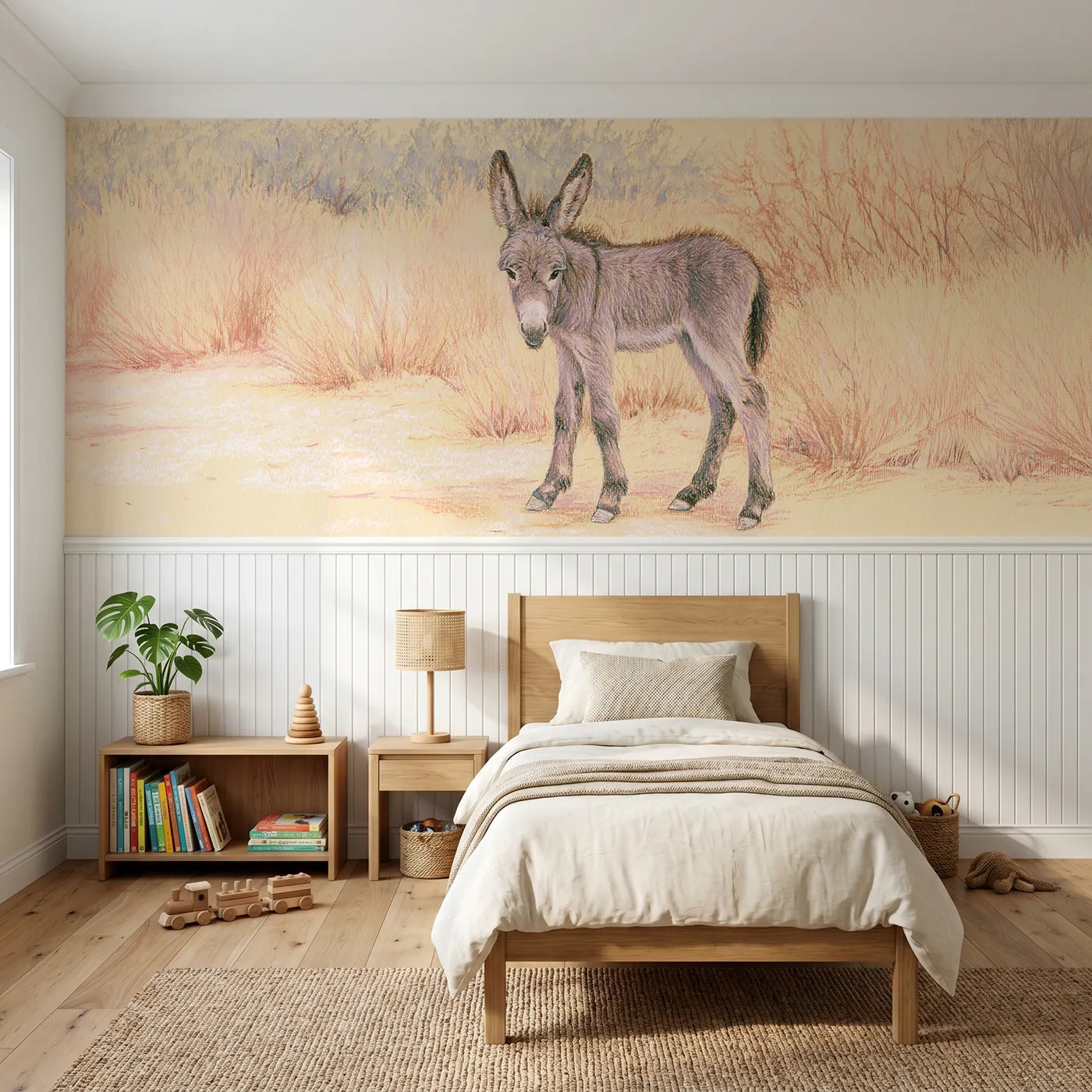 Colored pencil wainscoting wallpaper of a donkey foal with big ears by Whimsy Tots