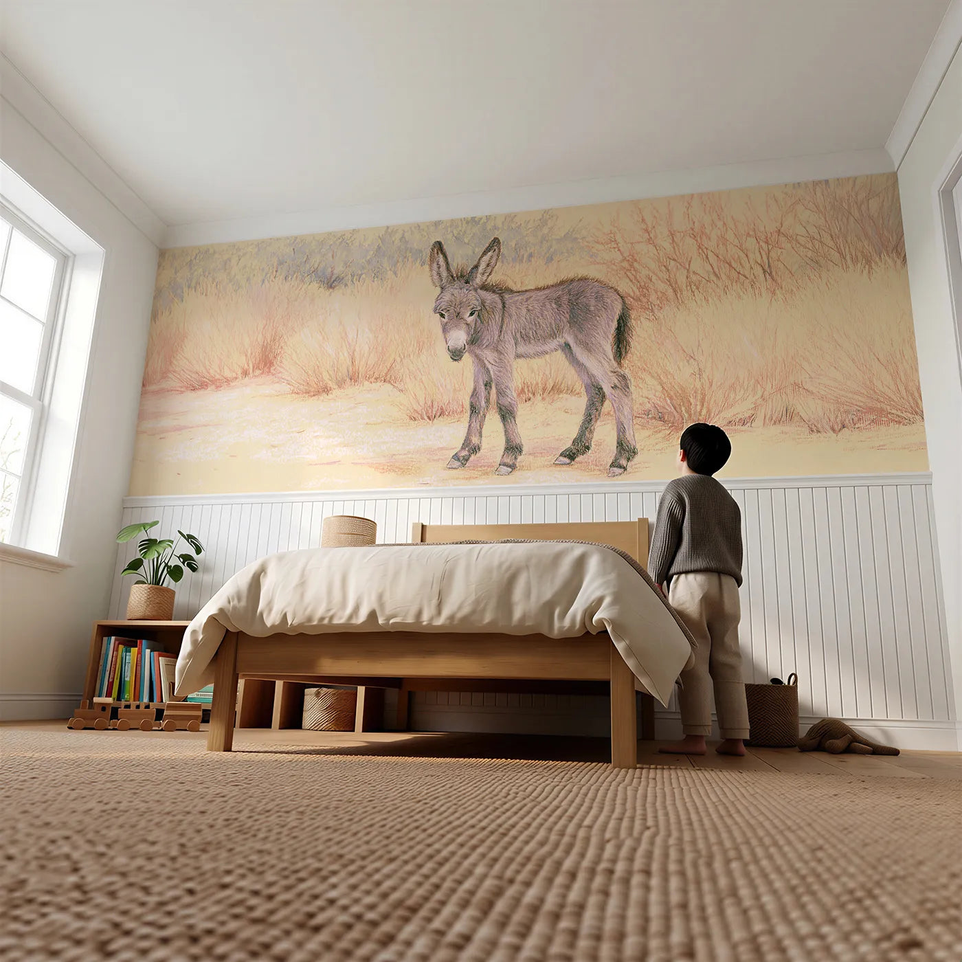 Child reading near Donkey Foal Big Ears Wainscoting Wallpaper by Whimsy Tots
