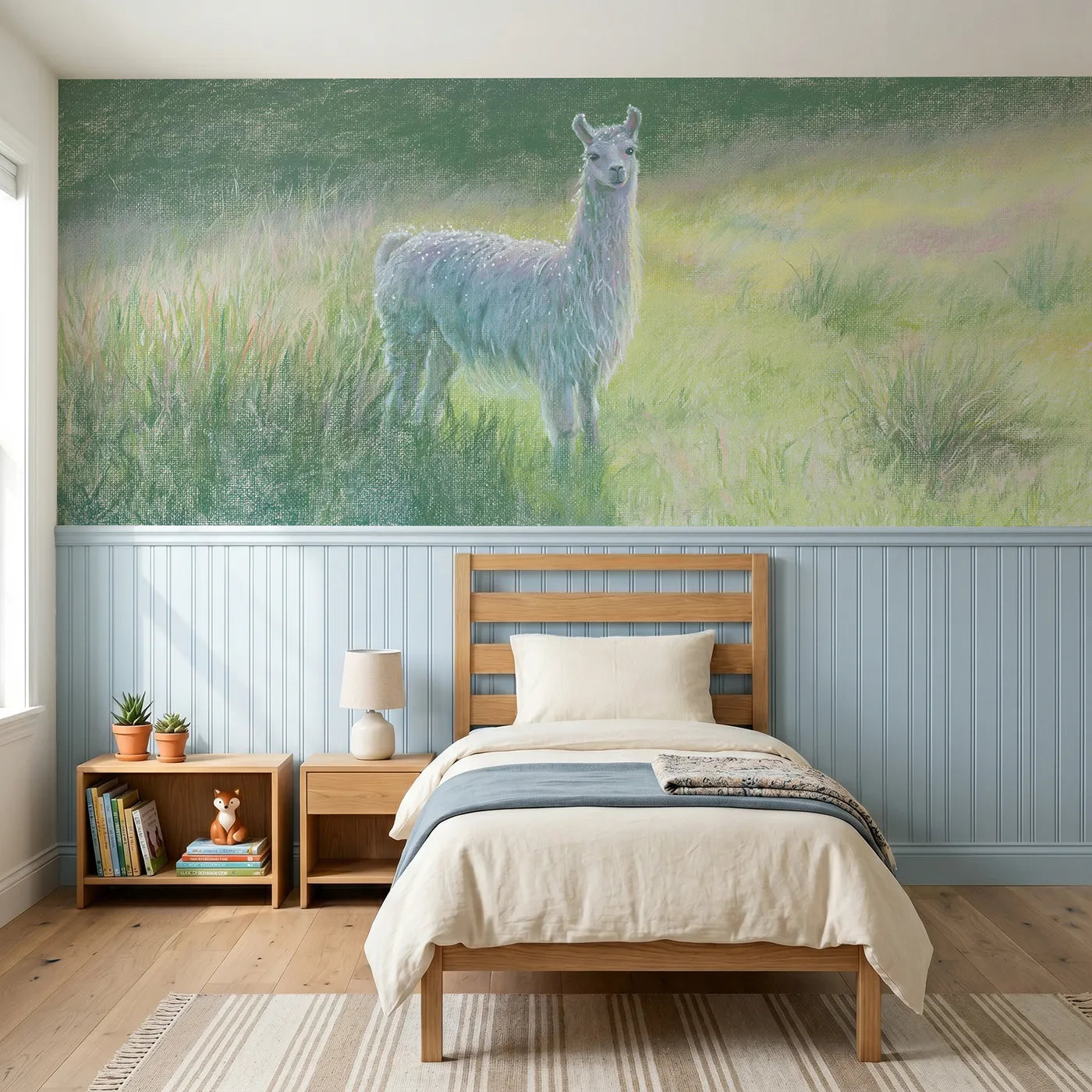Colored pencil wainscoting wallpaper of a llama with sparkling rain drops by Whimsy Tots