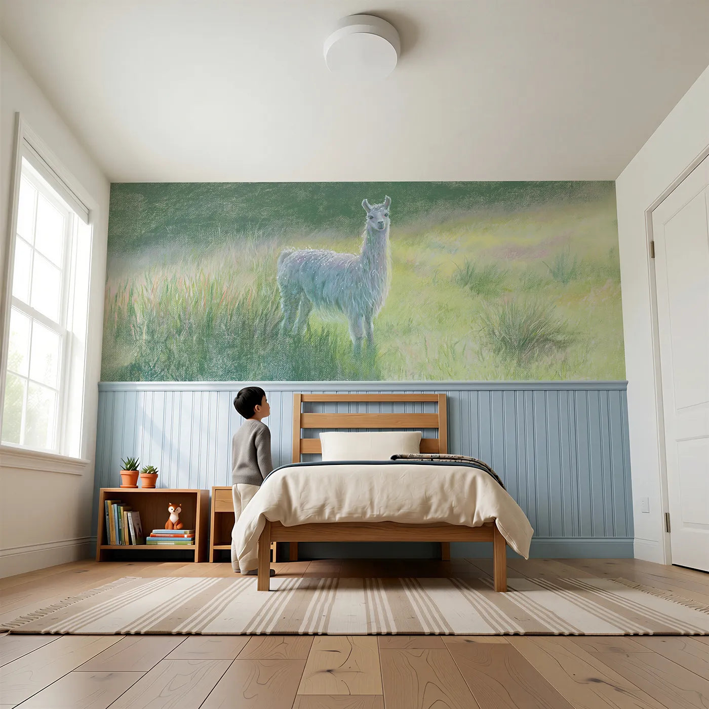 Child reading near Llama After Rain Sparkle Wainscoting Wallpaper by Whimsy Tots