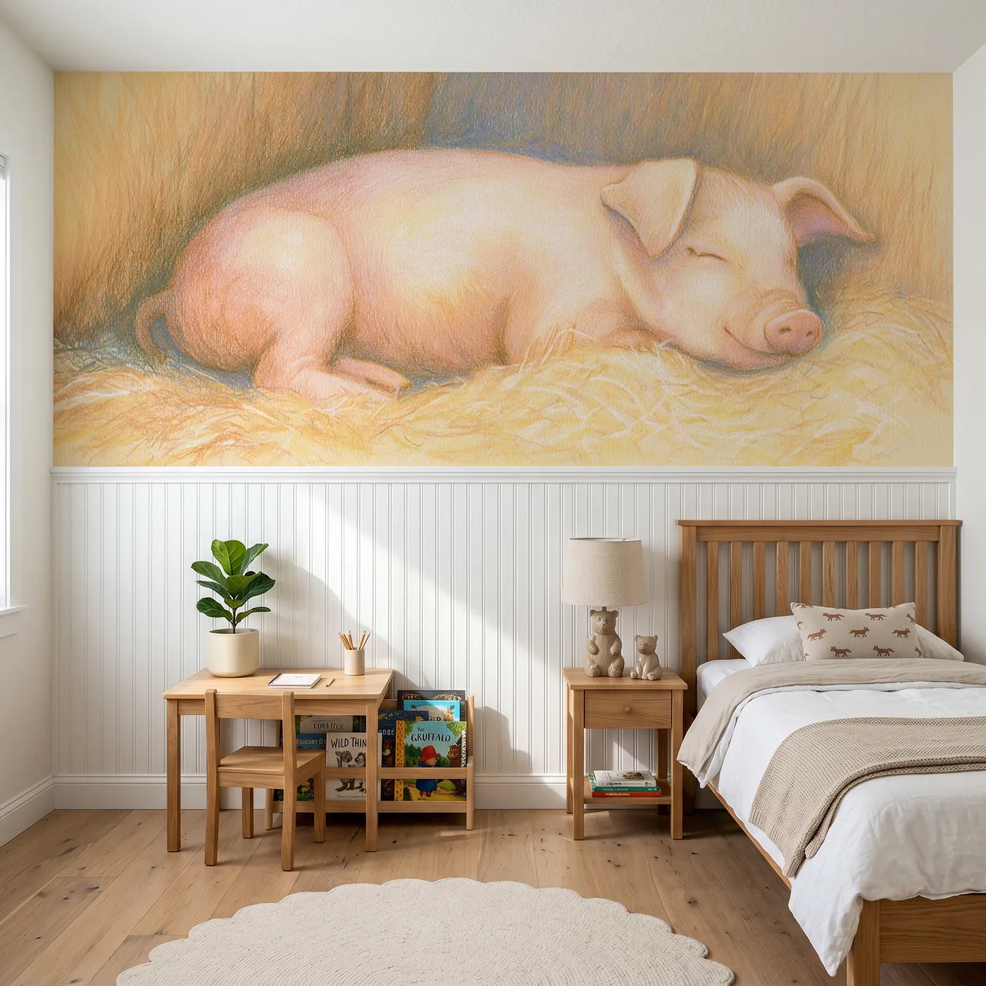 Colored pencil wainscoting wallpaper of a pig sprawled asleep in sunshine by Whimsy Tots