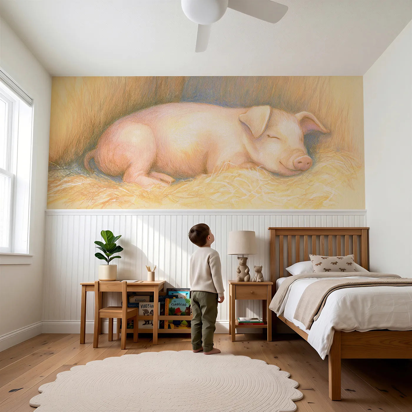 Child reading near Pig Sunny Nap Sprawl Wainscoting Wallpaper by Whimsy Tots