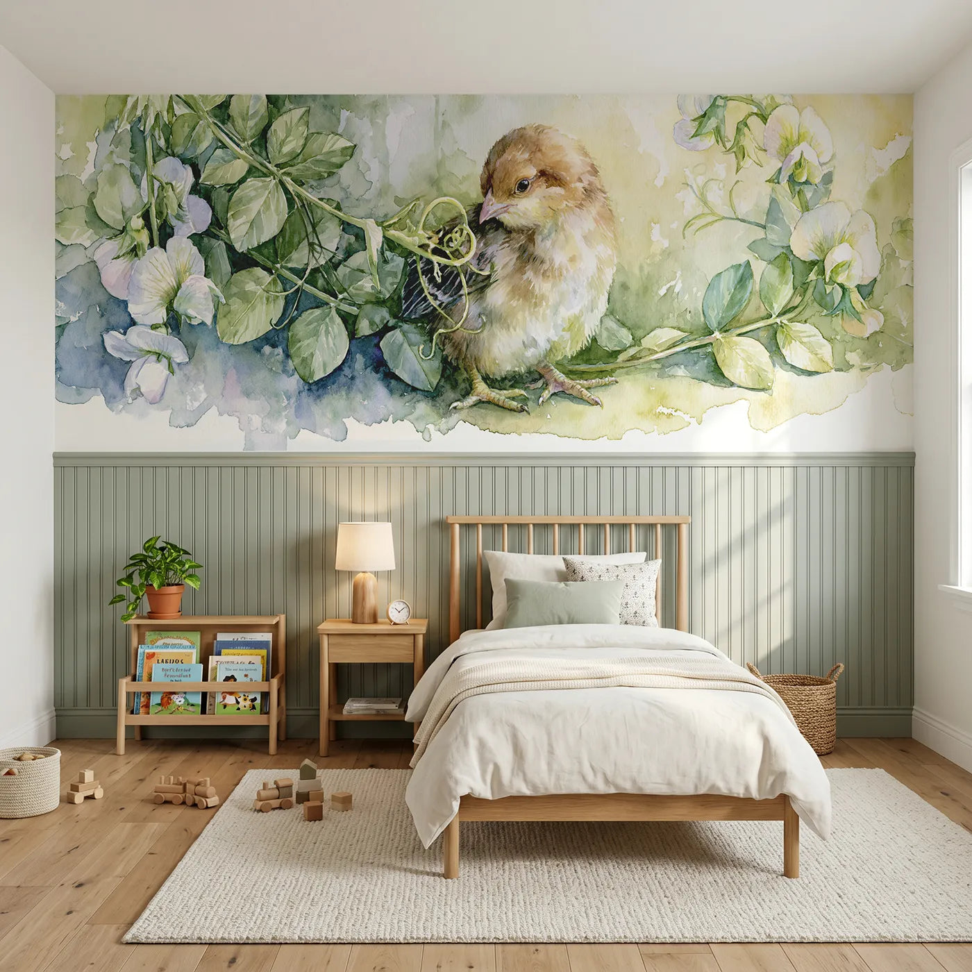Watercolor wainscoting wallpaper of a chick studying a pea tendril by Whimsy Tots