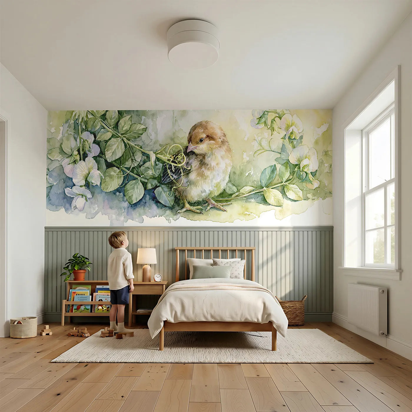 Child reading near Chick Pea Tendril Curiosity Wainscoting Wallpaper by Whimsy Tots