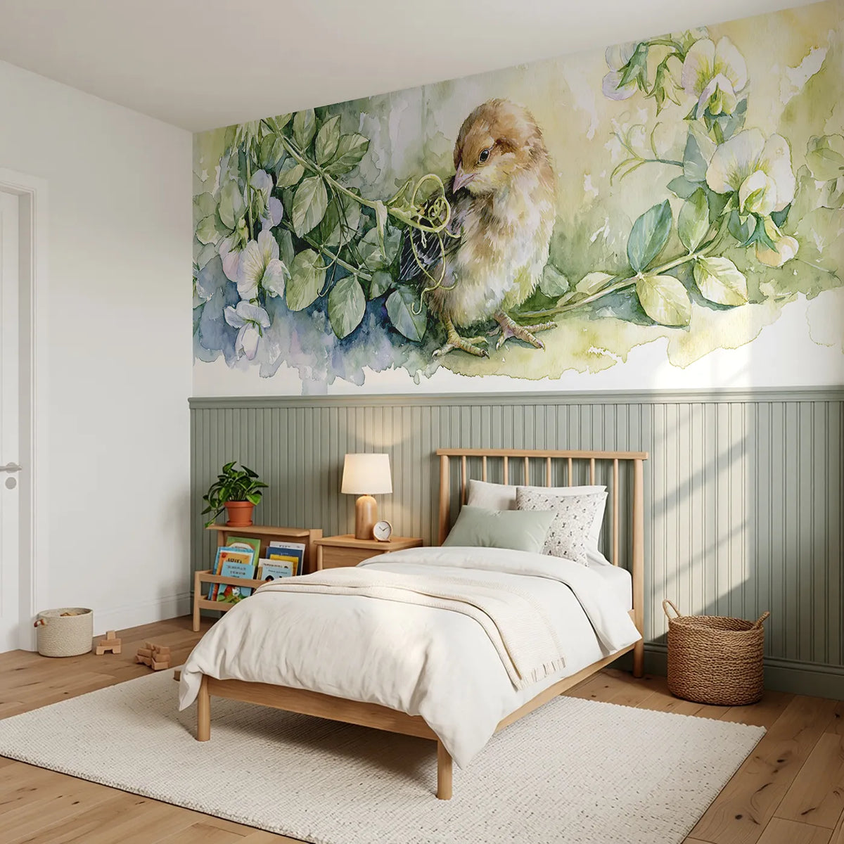 Chick Pea Tendril Curiosity Wainscoting Wallpaper styled in a kids room by Whimsy Tots