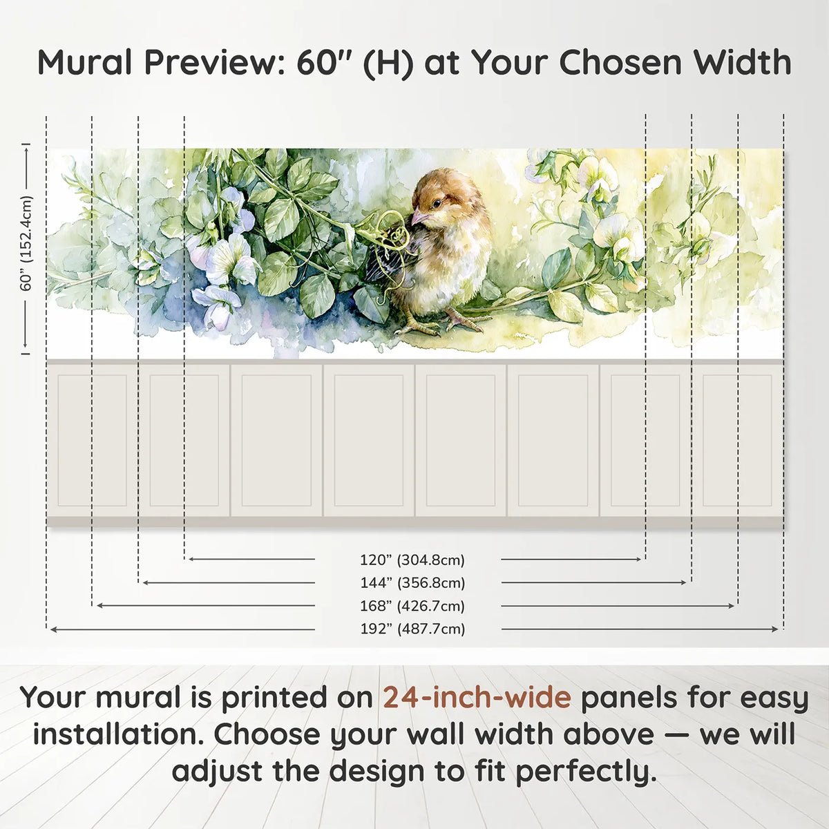Panel dimensions for Chick Pea Tendril Curiosity Wainscoting Wallpaper by Whimsy Tots