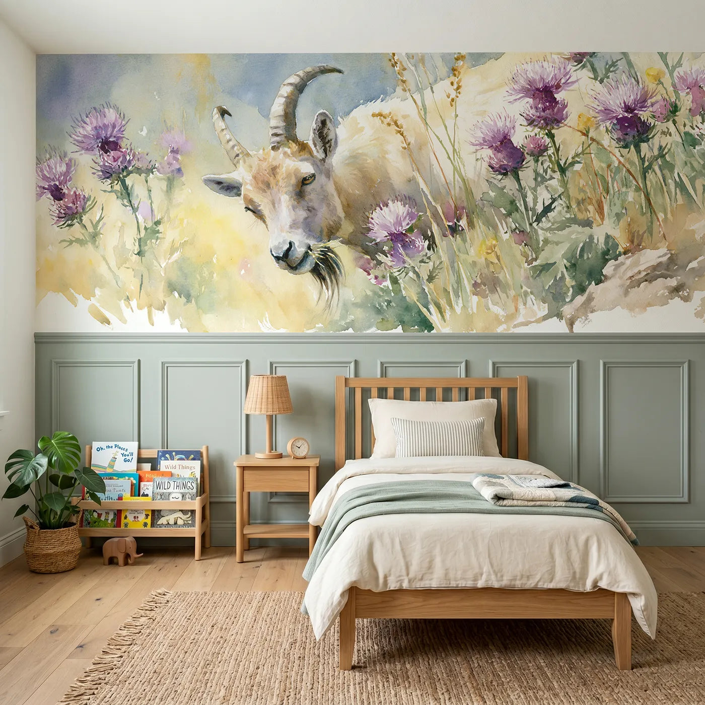 Watercolor wainscoting wallpaper of a goat nibbling purple thistles by Whimsy Tots