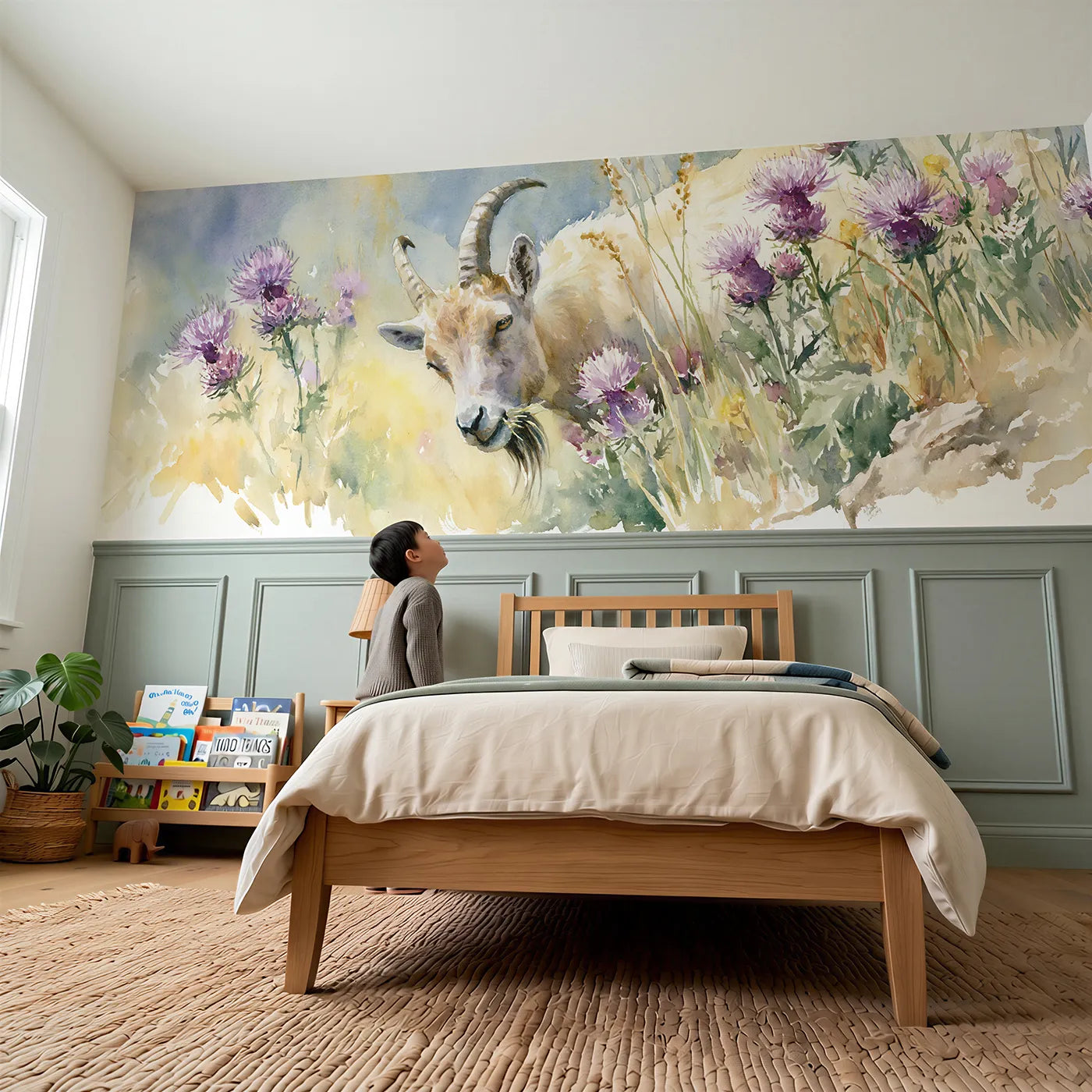 Child reading near Goat Thistle Patch Nibble Wainscoting Wallpaper by Whimsy Tots