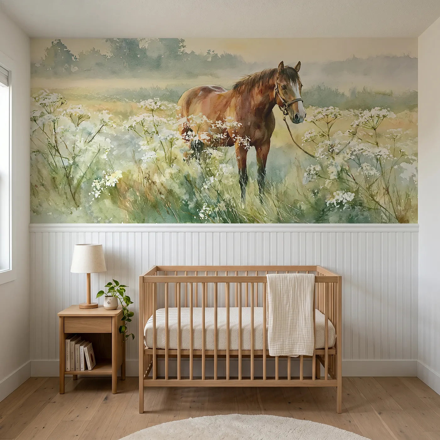 Watercolor wainscoting wallpaper of a horse among cow parsley at dawn by Whimsy Tots