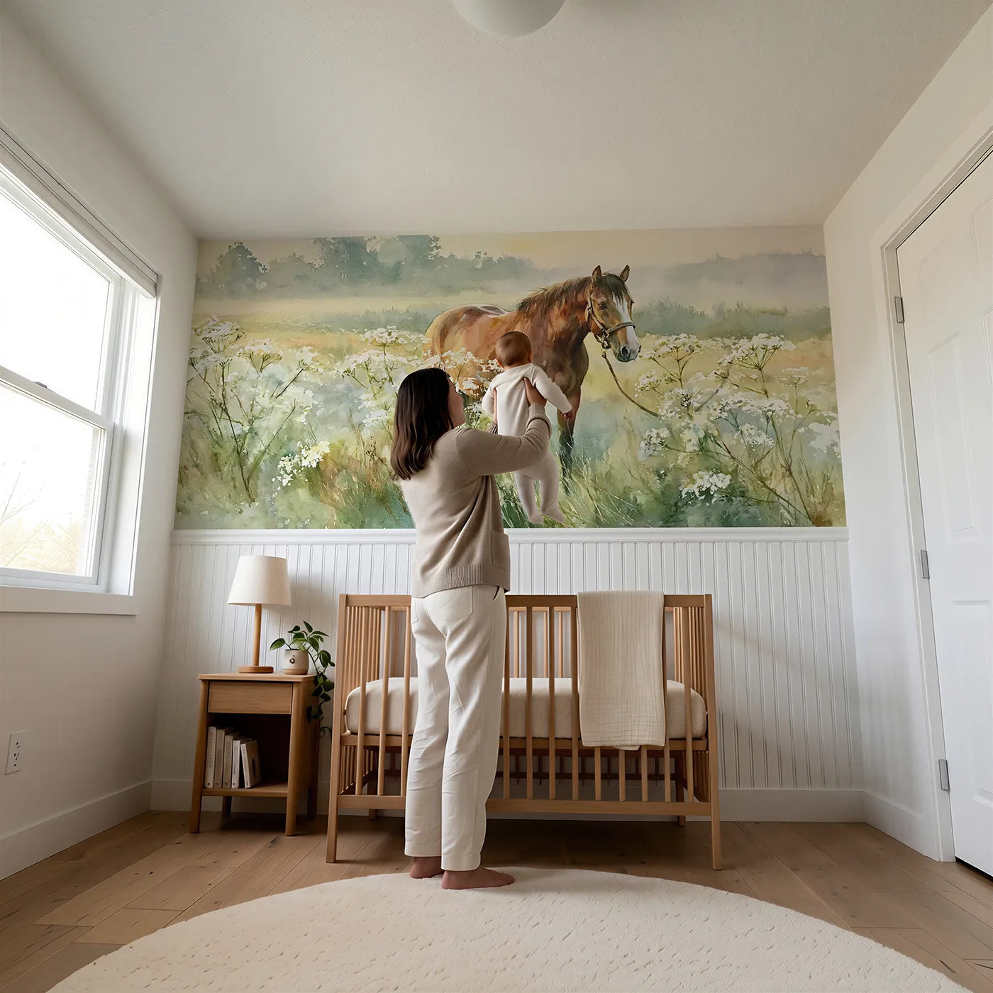 Child reading near Horse Cow Parsley Lane Wainscoting Wallpaper by Whimsy Tots
