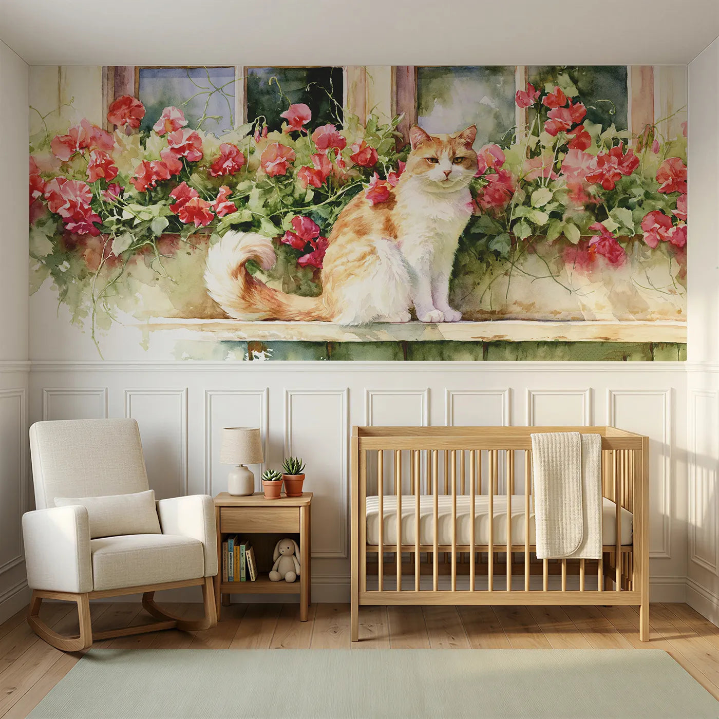 Watercolor wainscoting wallpaper of a barn cat by sweet pea flowers by Whimsy Tots