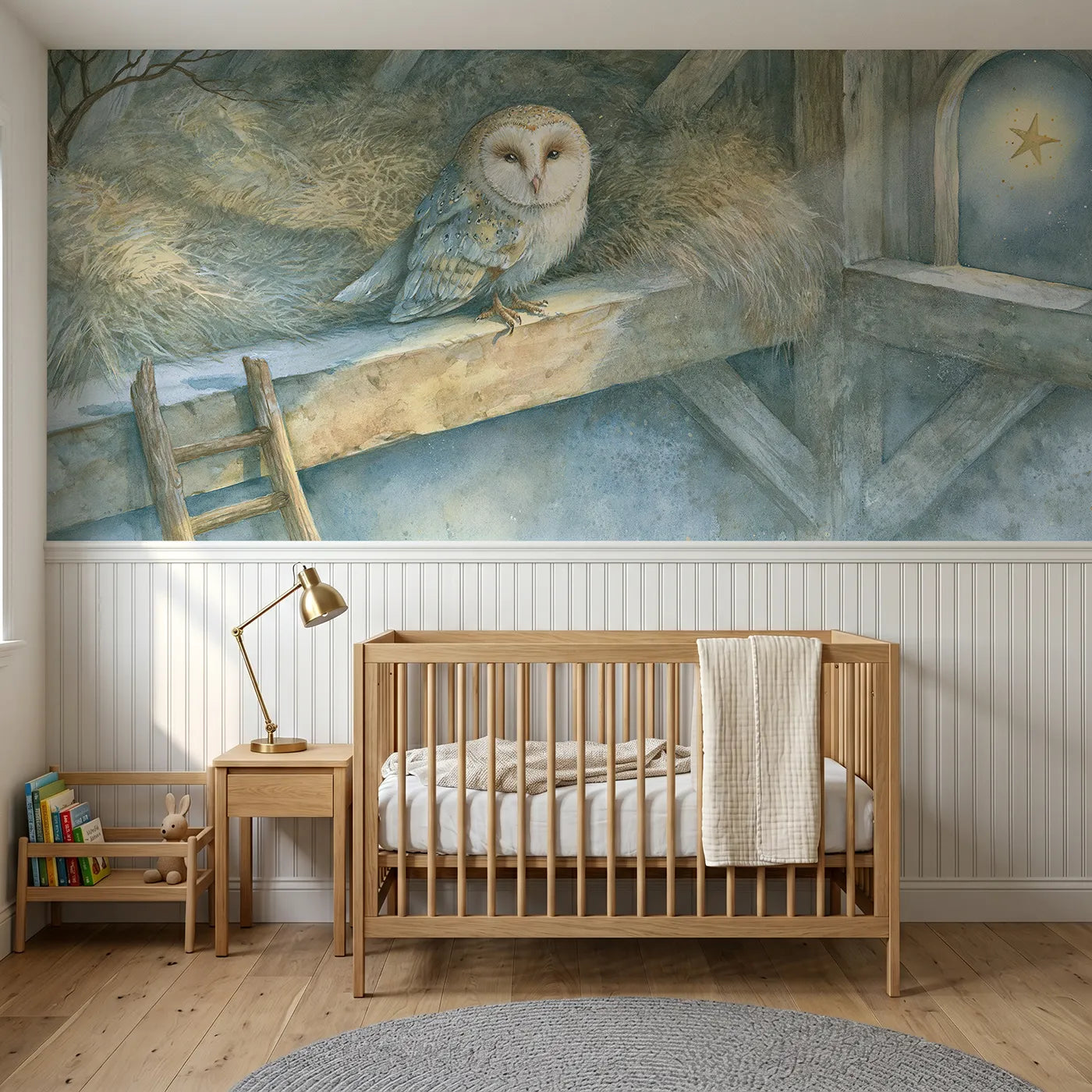 Storybook wainscoting wallpaper of a barn owl in a moonlit beam by Whimsy Tots