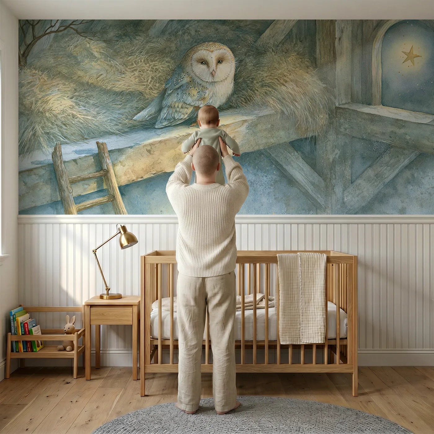Child reading near Barn Owl Moonlit Beam Wainscoting Wallpaper by Whimsy Tots
