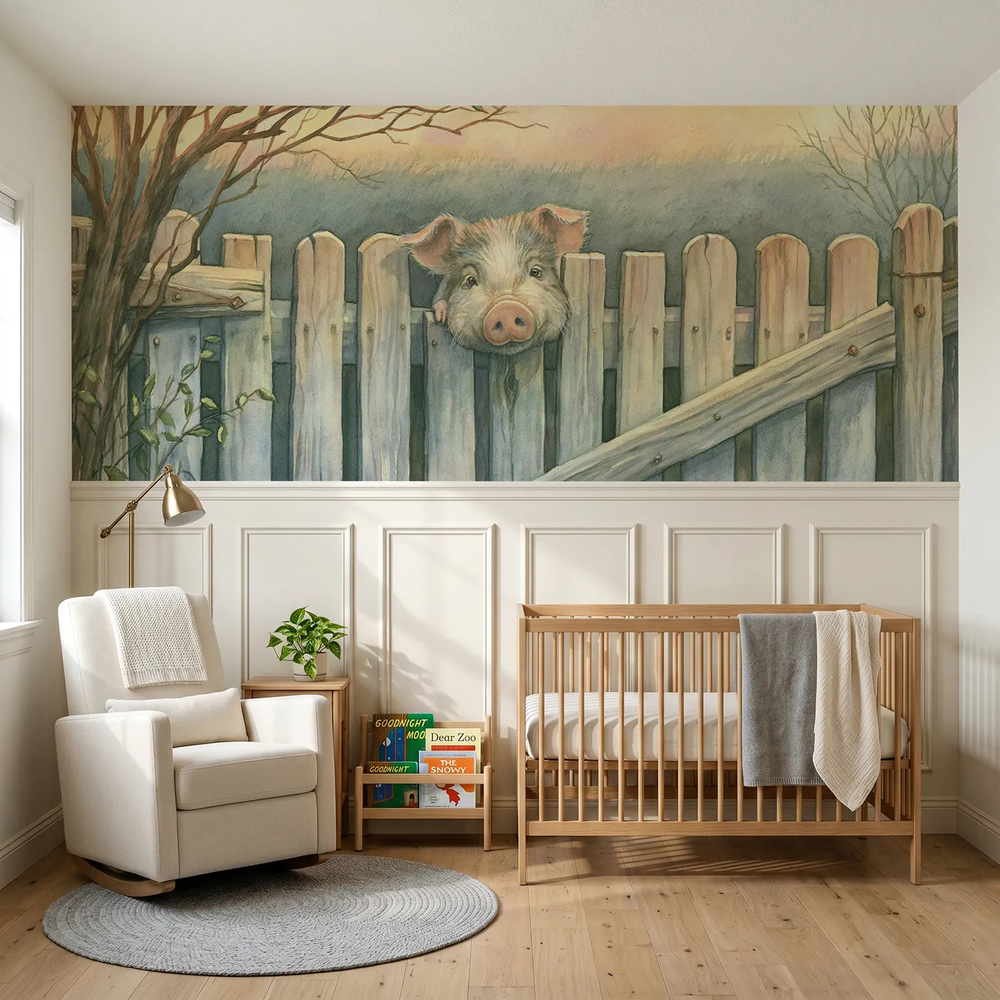 Storybook wainscoting wallpaper of a piglet peeking through a gate by Whimsy Tots