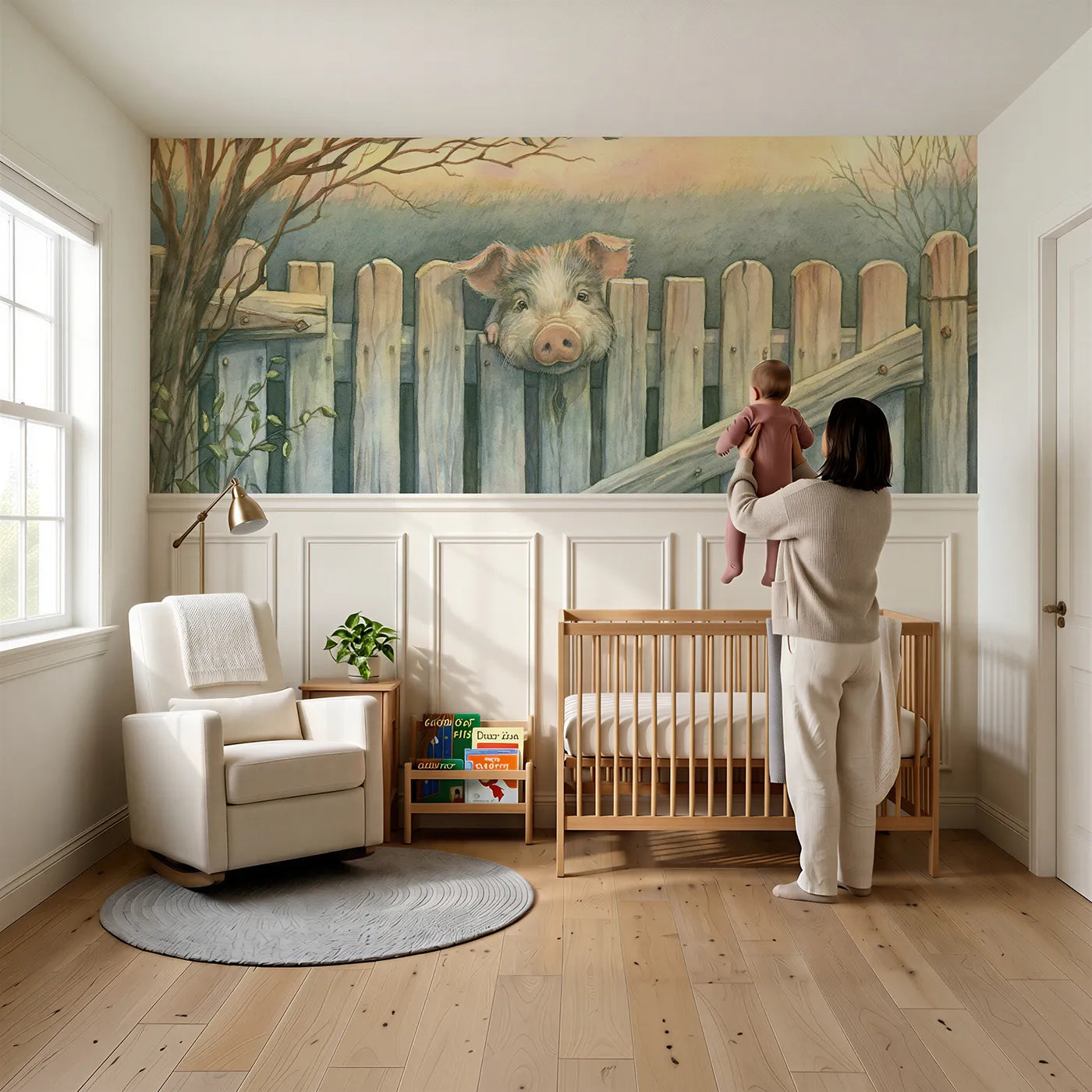 Child reading near Piglet Gate Peek Morning Wainscoting Wallpaper by Whimsy Tots