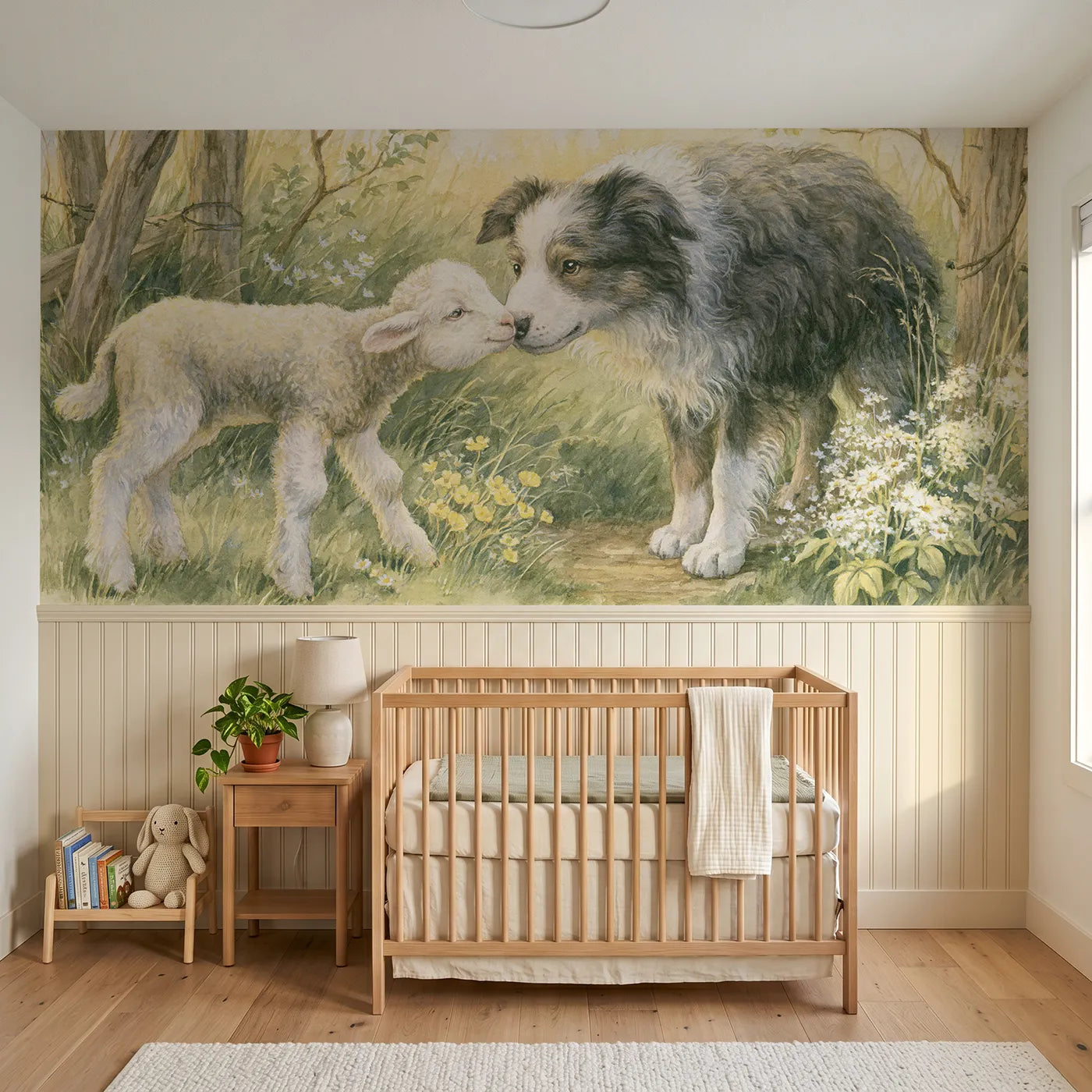 Storybook wainscoting wallpaper of a lamb and sheepdog touching noses by Whimsy Tots