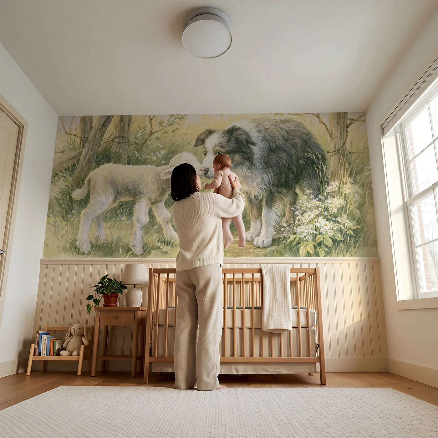 Child reading near Lamb Sheepdog Gentle Friends Wainscoting Wallpaper by Whimsy Tots