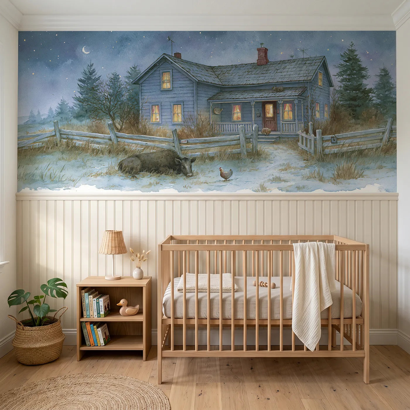 Storybook wainscoting wallpaper of a farmhouse and animals at goodnight by Whimsy Tots