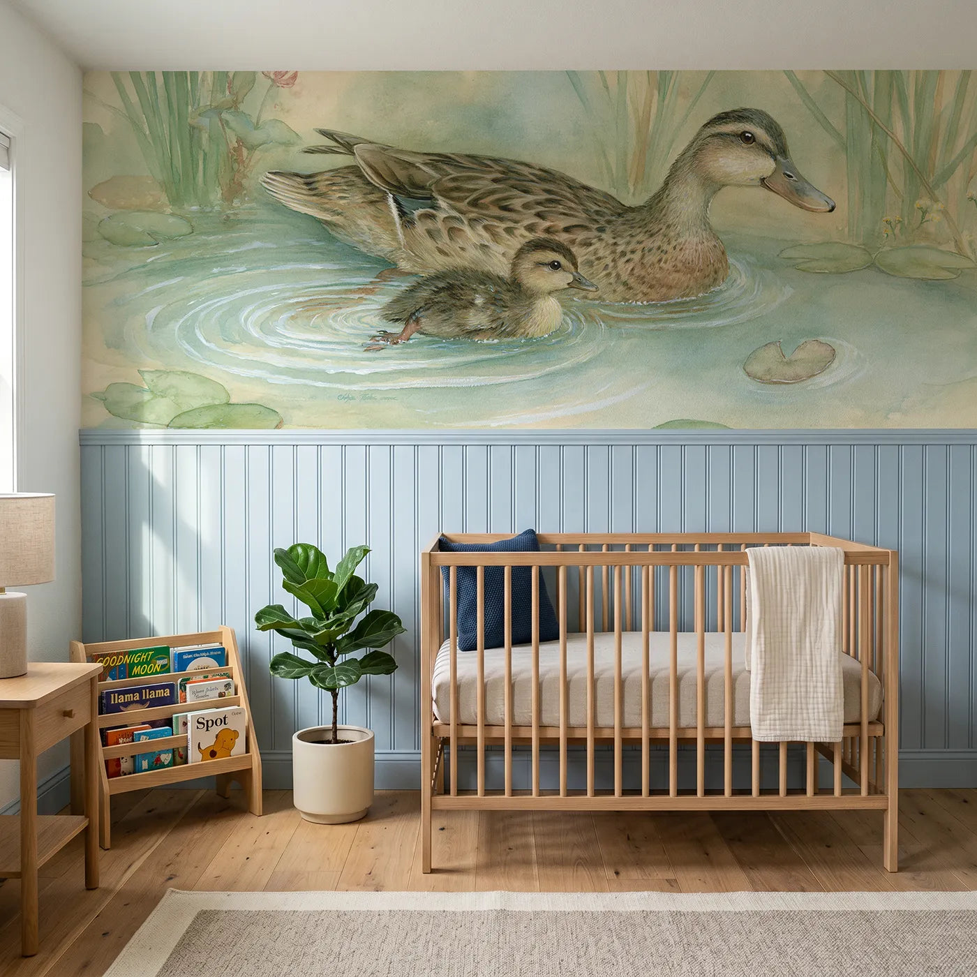 Storybook wainscoting wallpaper of a duckling paddling beside its mother by Whimsy Tots