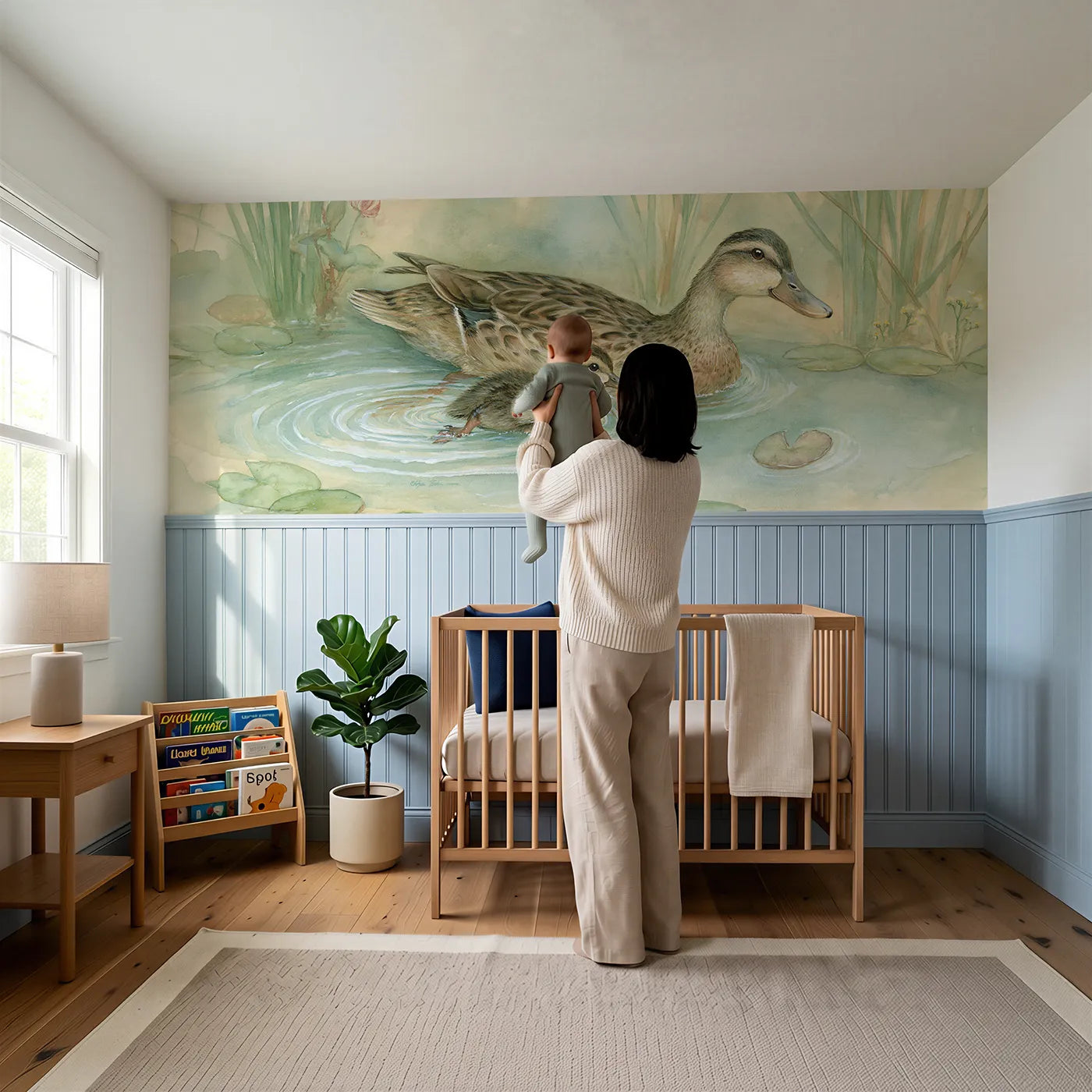 Child reading near Duckling Brave First Paddle Wainscoting Wallpaper by Whimsy Tots