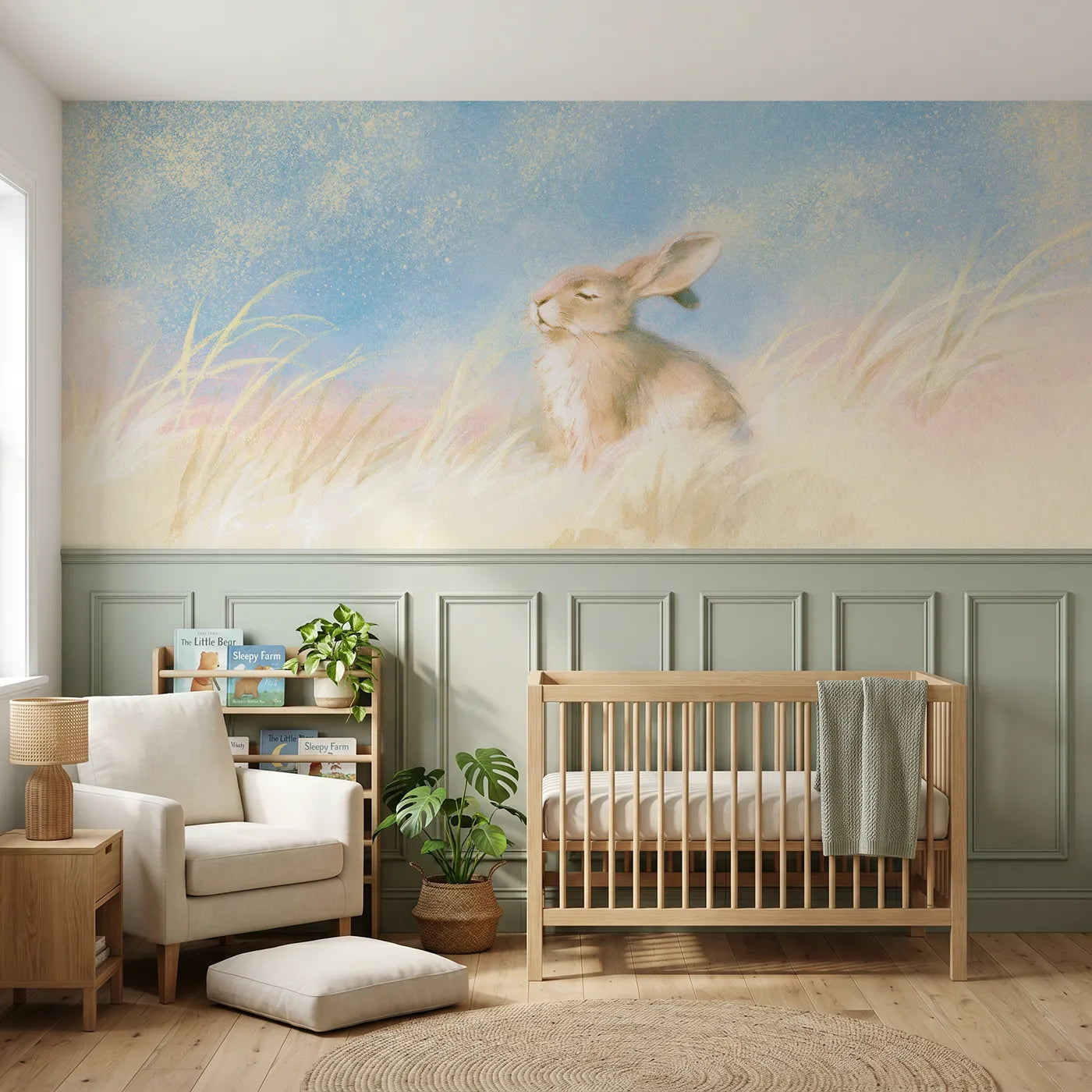 Soft pastel wainscoting wallpaper of a sleepy bunny with drooping ear by Whimsy Tots