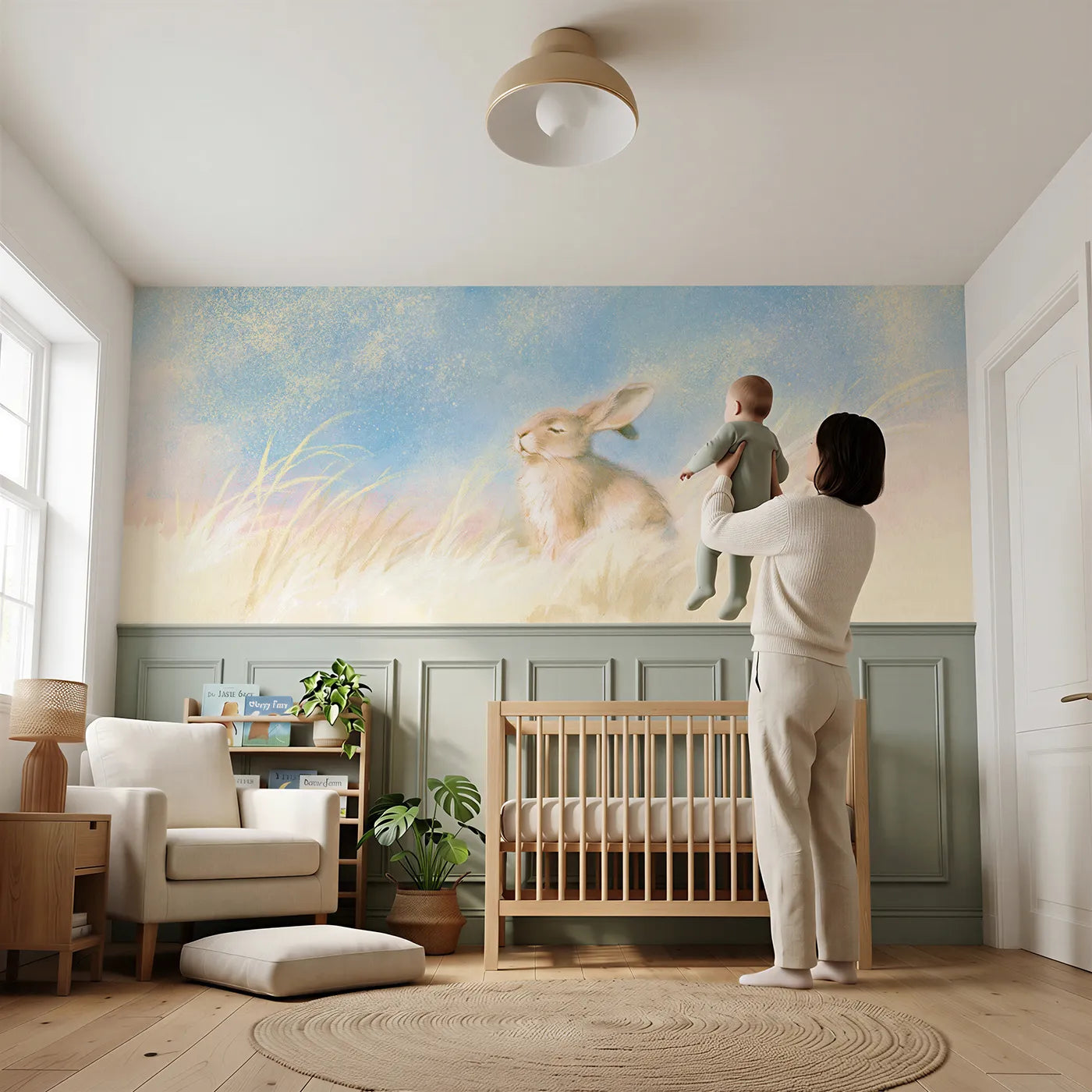 Child reading near Bunny Sleepy Ear Droop Wainscoting Wallpaper by Whimsy Tots