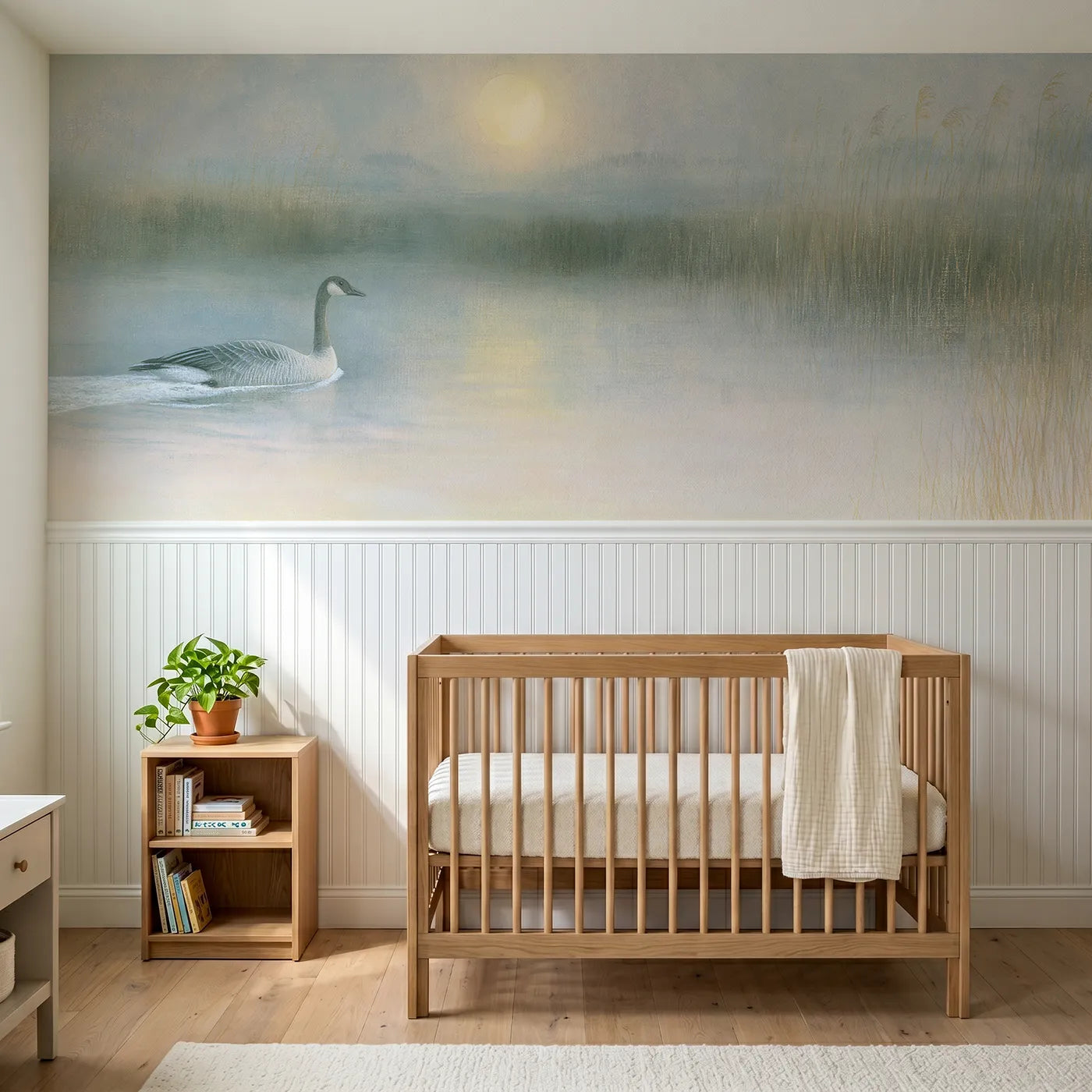 Soft pastel wainscoting mural of a goose gliding a moonlit pond by Whimsy Tots