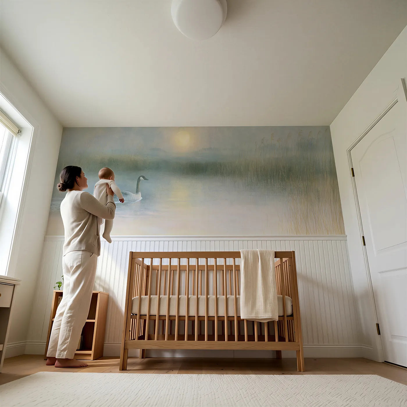 Child reading near Goose Moonlit Pond Glide Wainscoting Wallpaper by Whimsy Tots