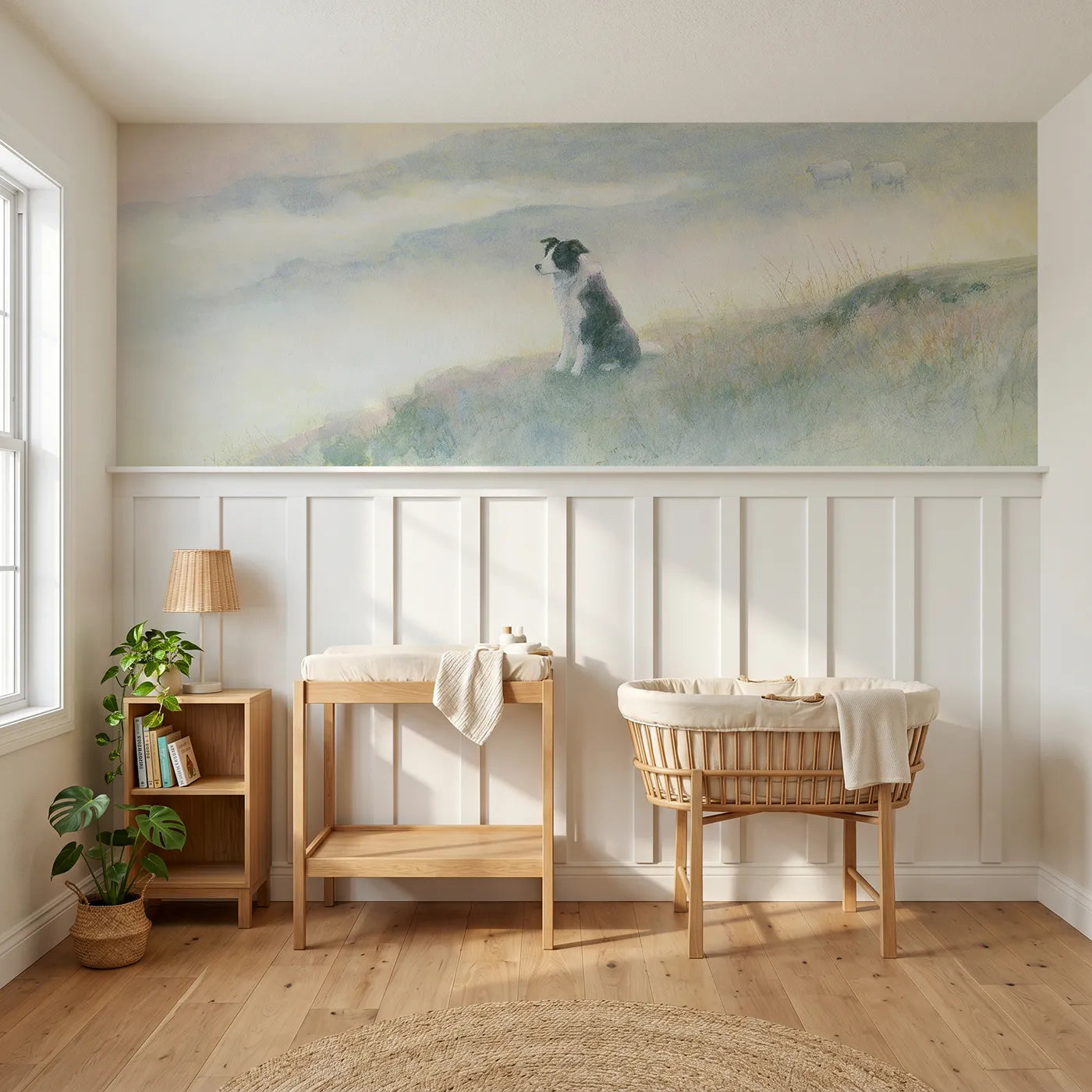 Soft pastel wainscoting wallpaper of a sheepdog at a misty dawn post by Whimsy Tots