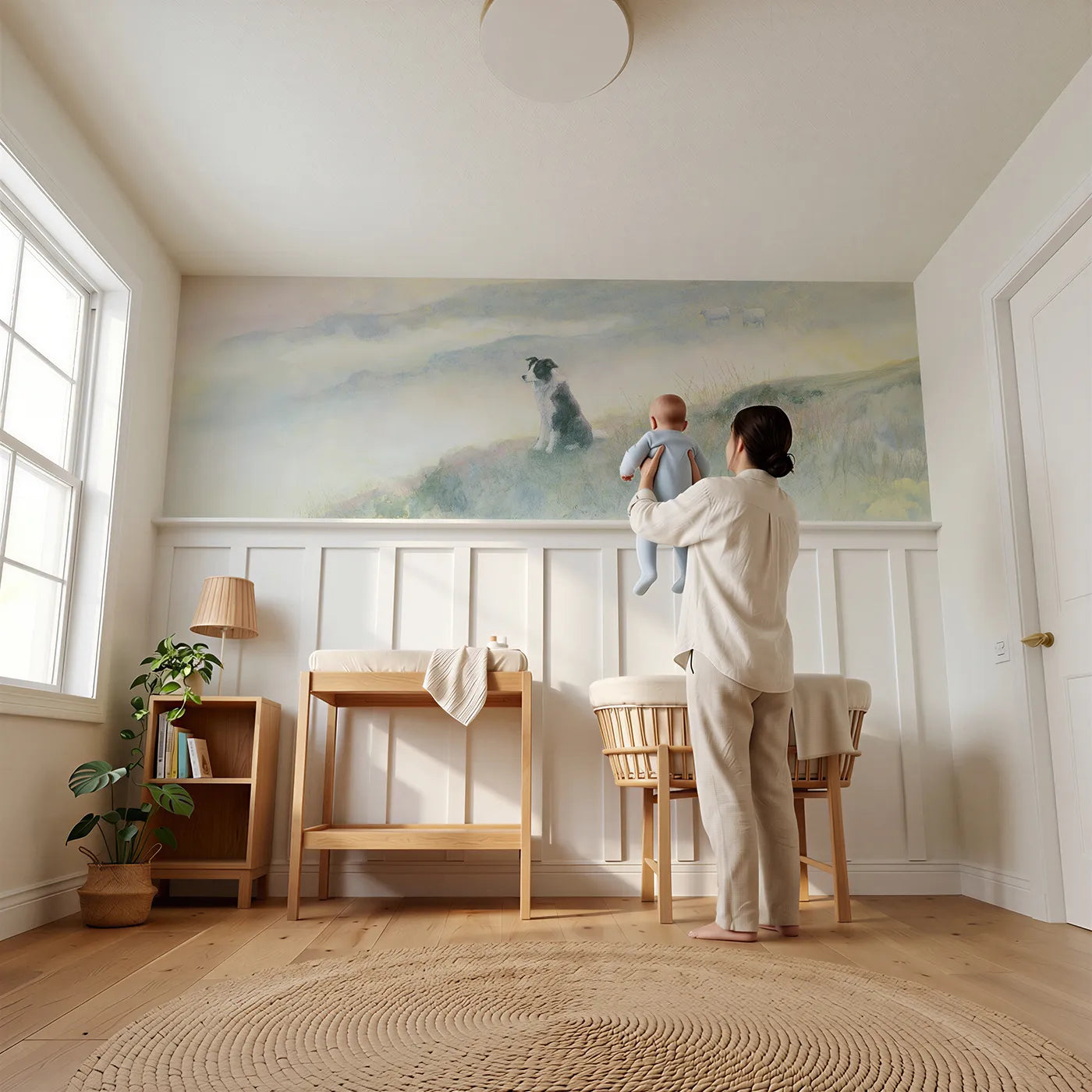 Child reading near Sheepdog Misty Dawn Post Wainscoting Wallpaper by Whimsy Tots
