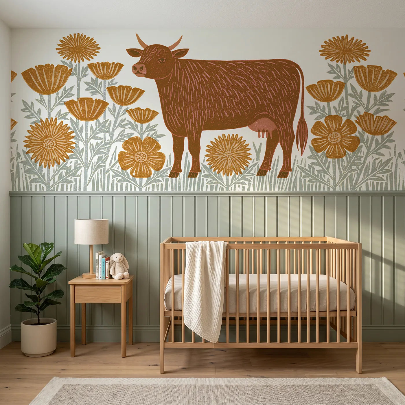 Block print wainscoting wallpaper of a carved cow among buttercups by Whimsy Tots