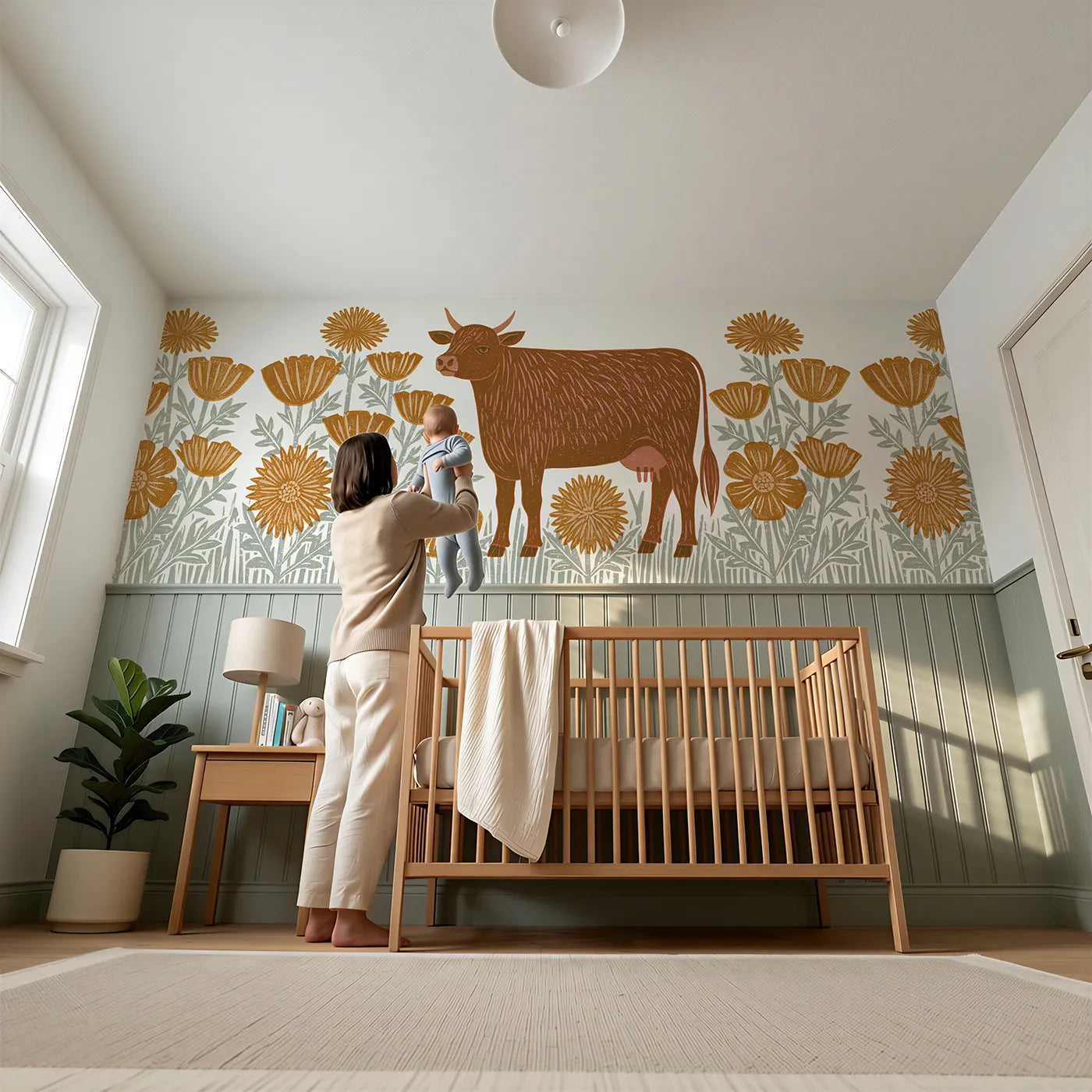Child reading near Carved Cow Buttercups Wainscoting Wallpaper by Whimsy Tots