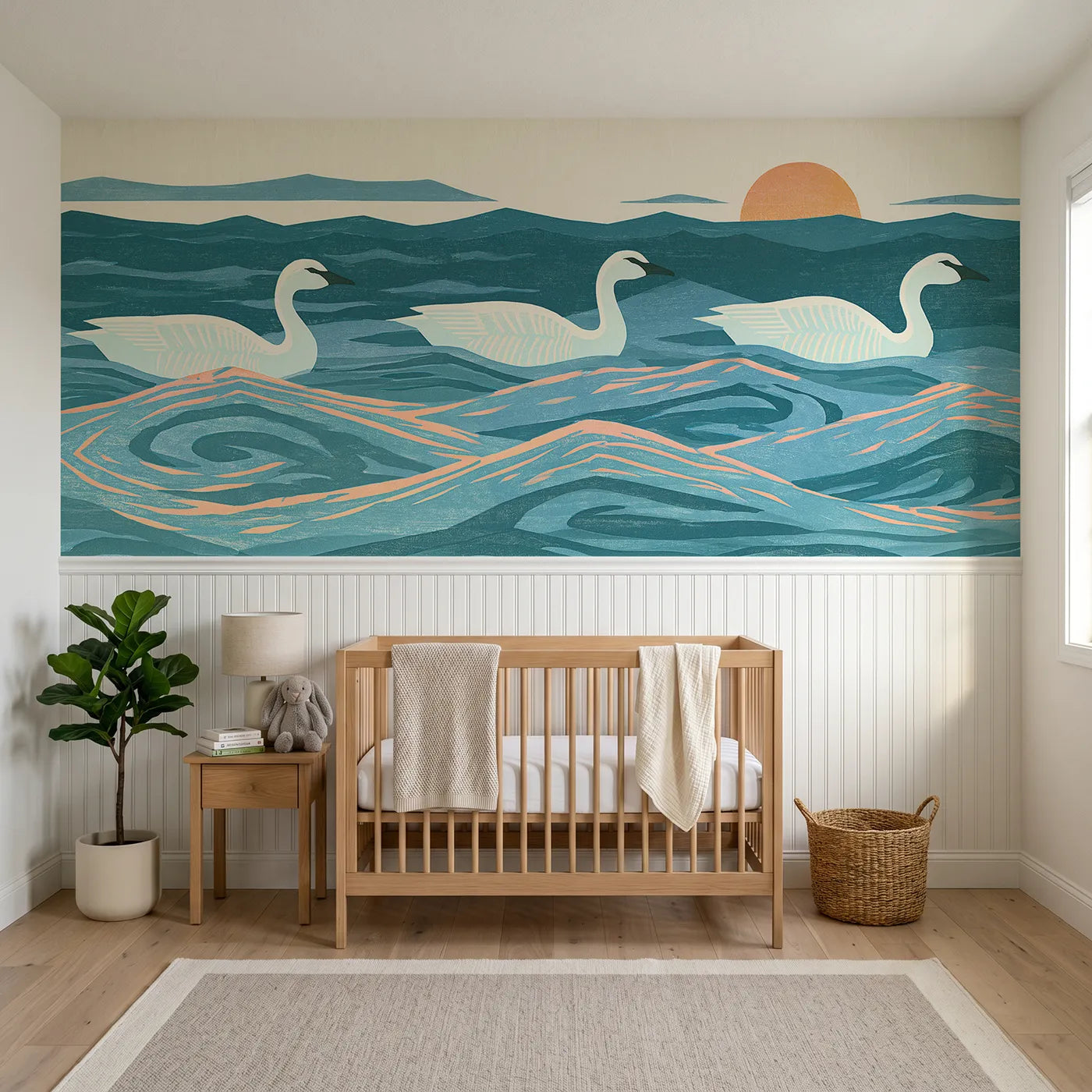 Block print wainscoting wallpaper of carved geese sailing in a line by Whimsy Tots