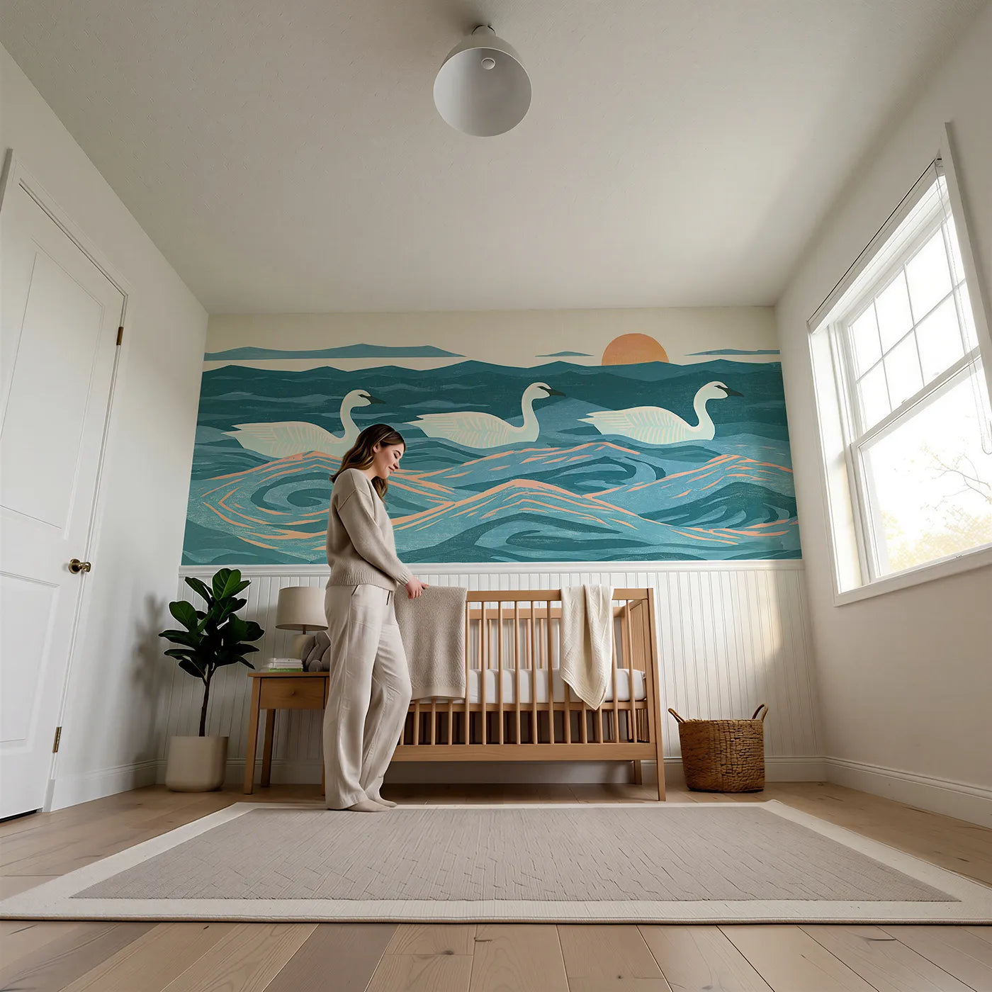 Child reading near Carved Geese Morning Sail Wainscoting Wallpaper by Whimsy Tots