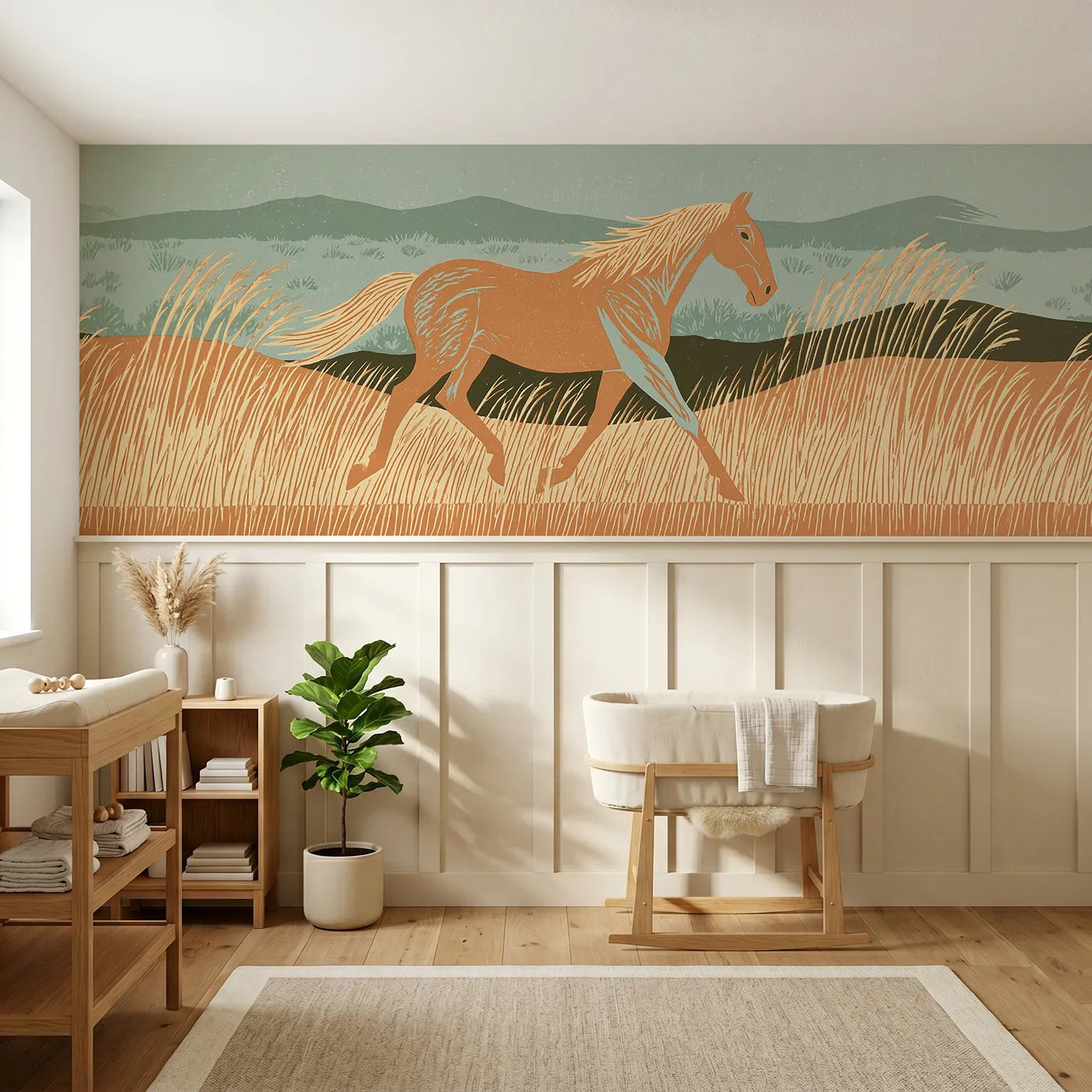 Block print wainscoting wallpaper of a carved horse trotting tall grass by Whimsy Tots