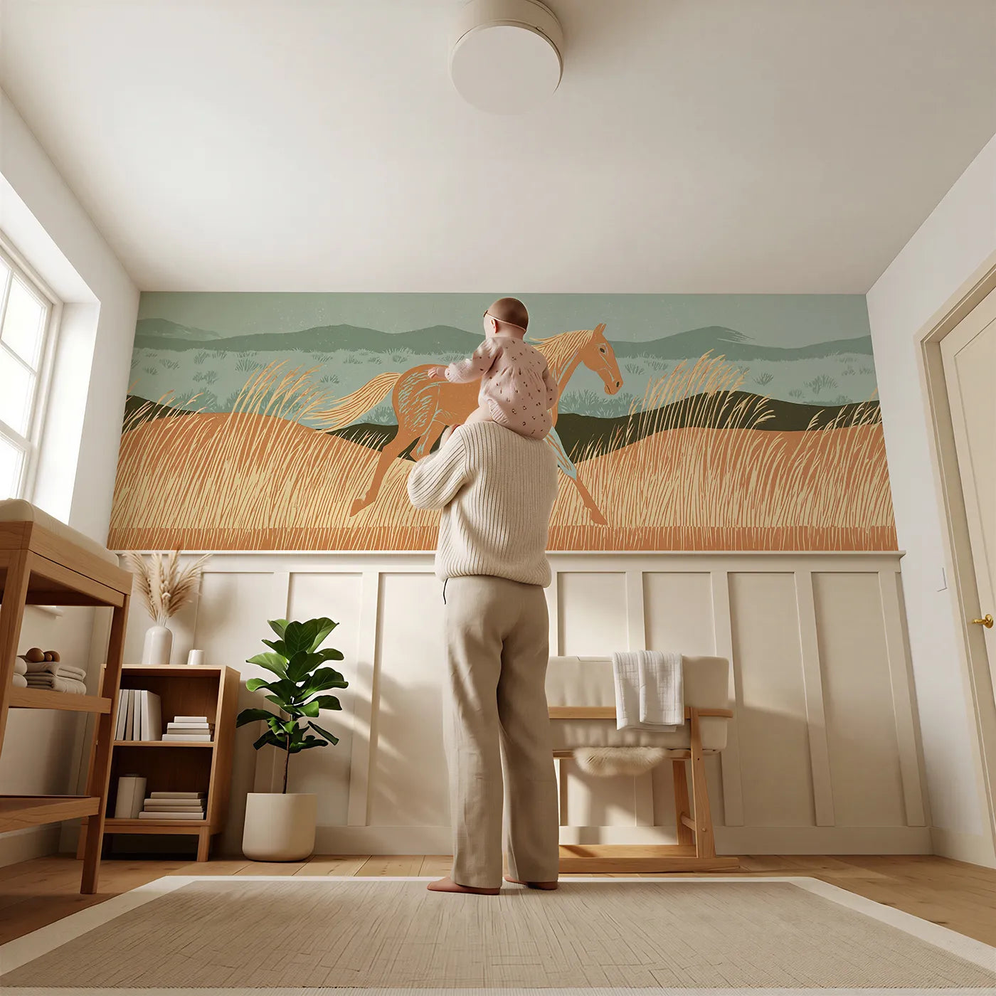 Child reading near Carved Horse Tall Grass Trot Wainscoting Wallpaper by Whimsy Tots
