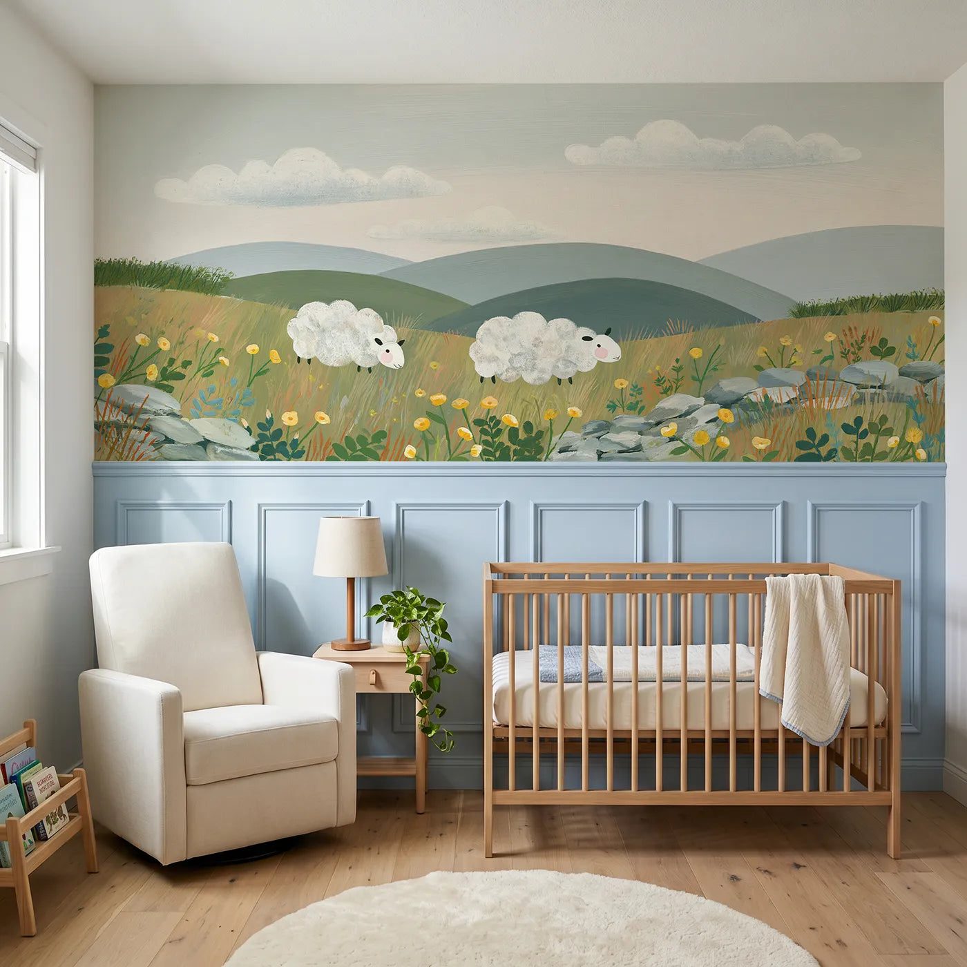 Modern illustration wainscoting wallpaper of sheep with matching clouds by Whimsy Tots