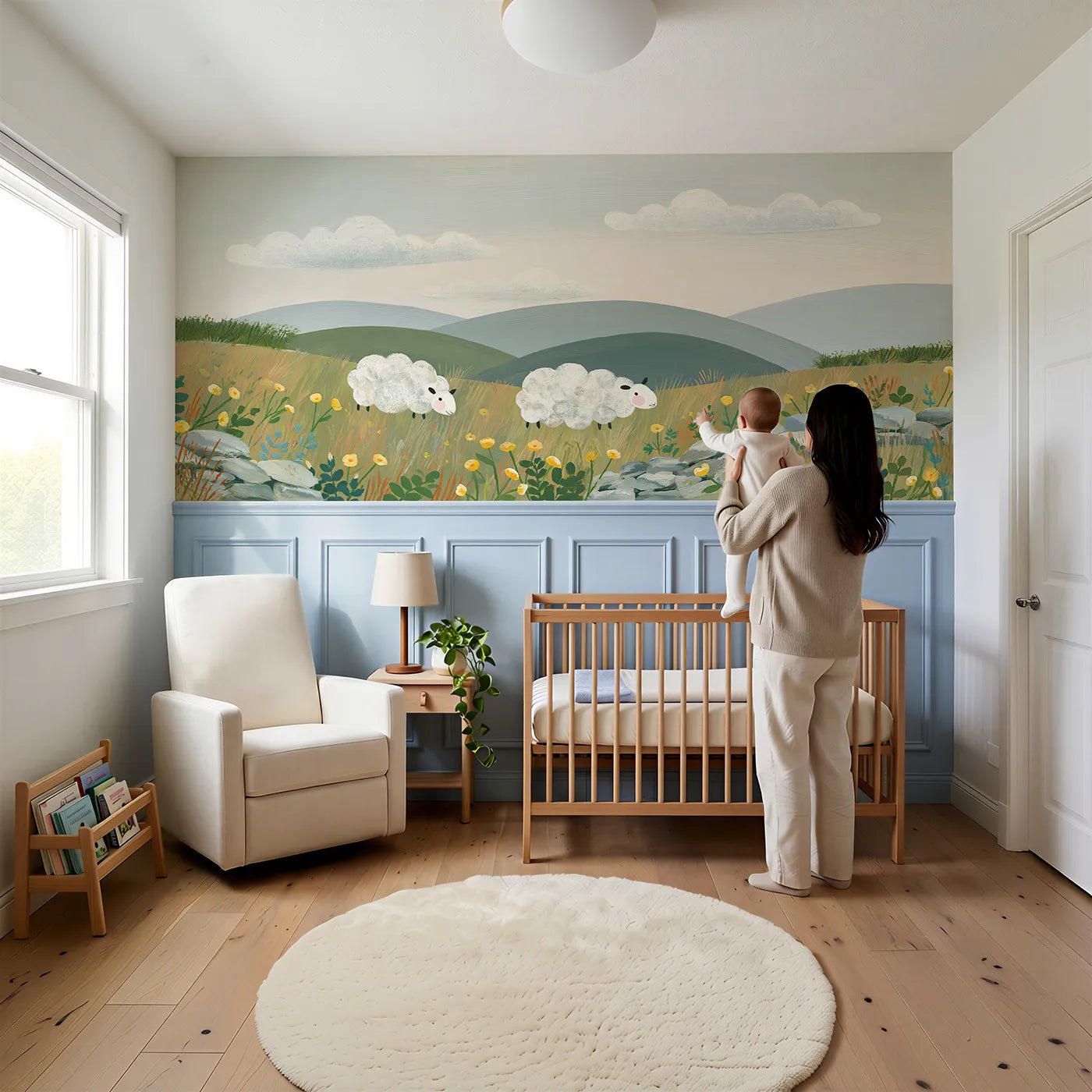 Child reading near Painted Sheep Cloud Twins Wainscoting Wallpaper by Whimsy Tots
